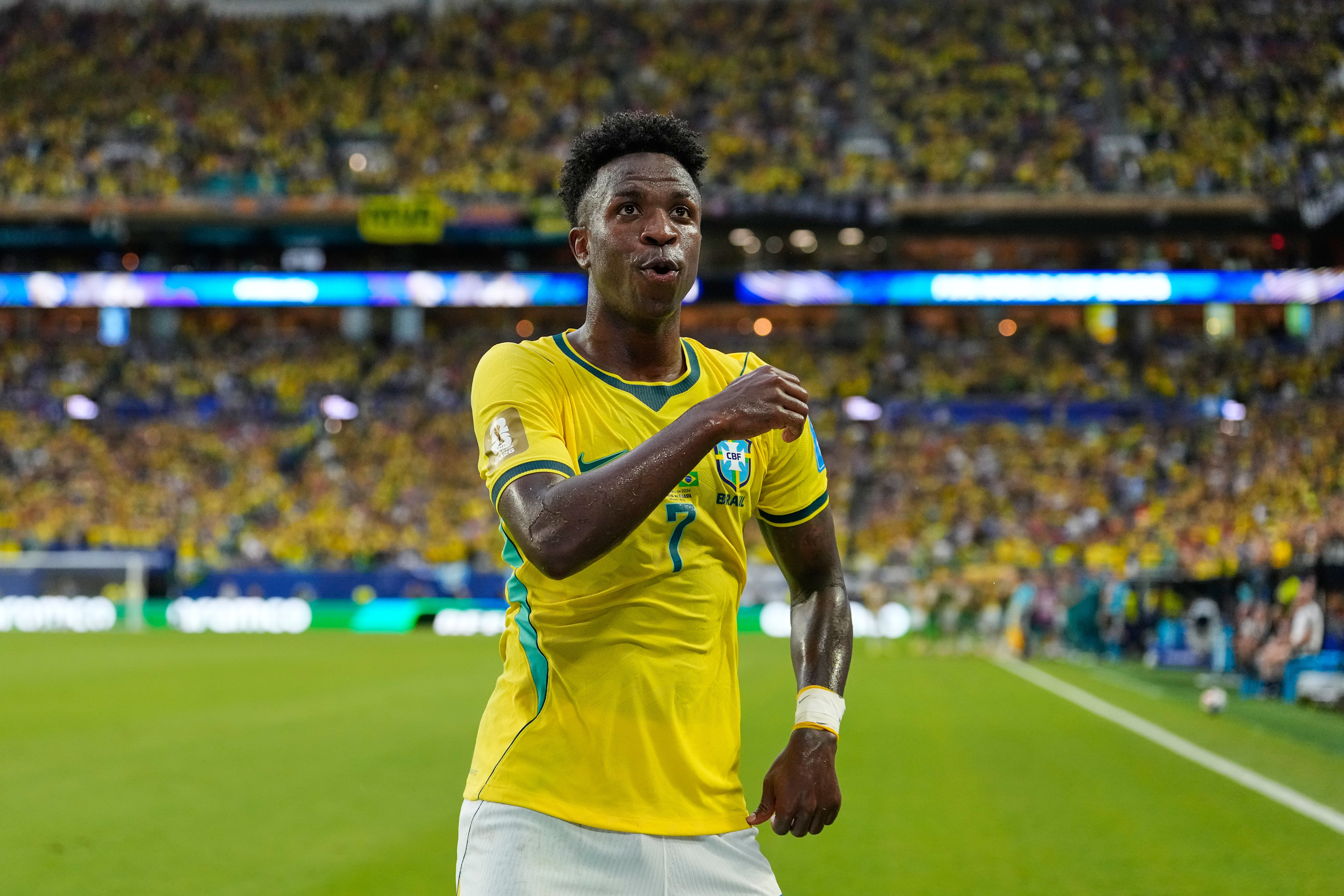 Will Vinicius Junior be celebrating another goal at the World Cup on Monday? (Rebecca Blackwell/AP)