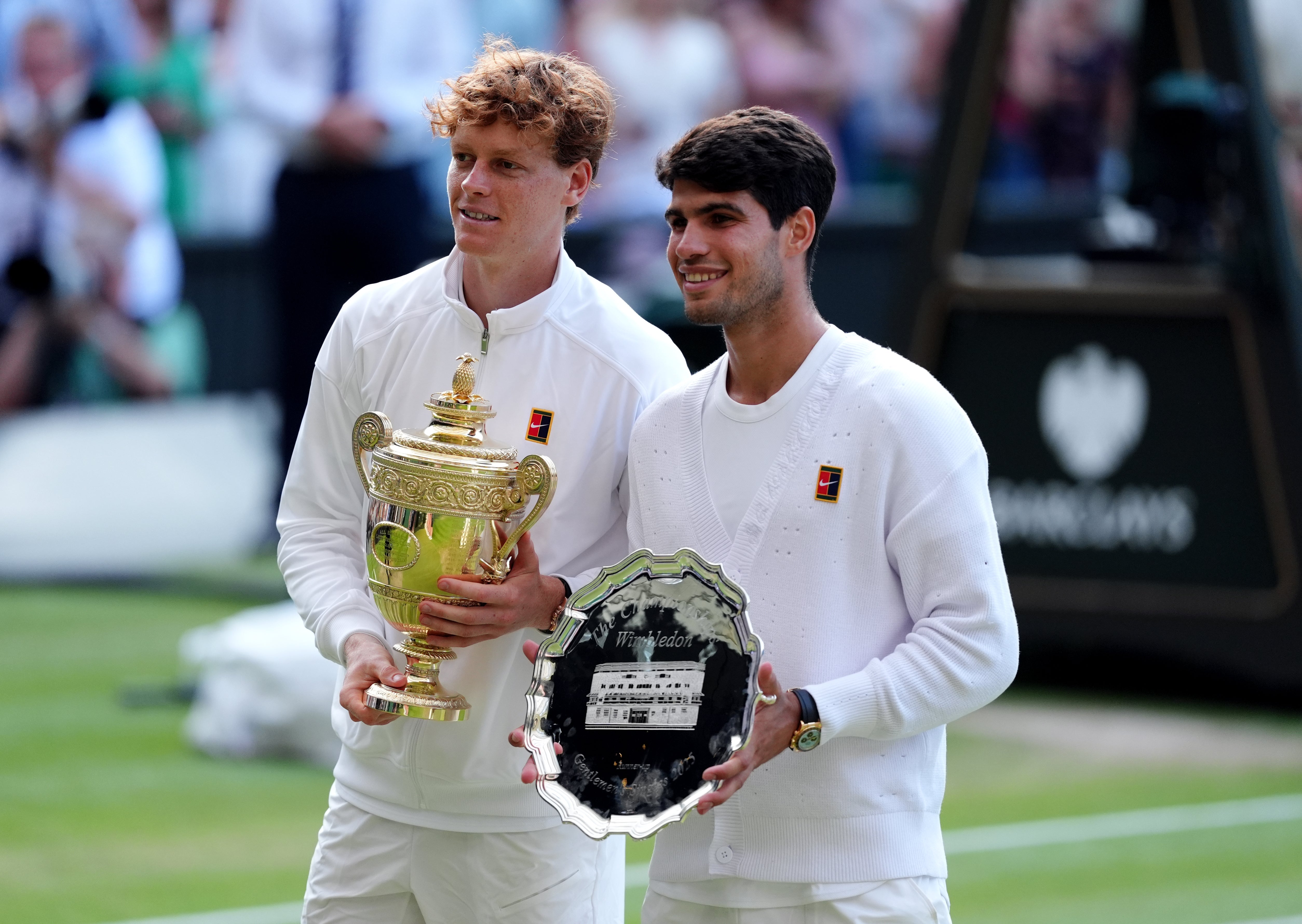 Carlos Alcaraz (right) is not playing at Wimbledon this year because of injury (John Walton/PA)