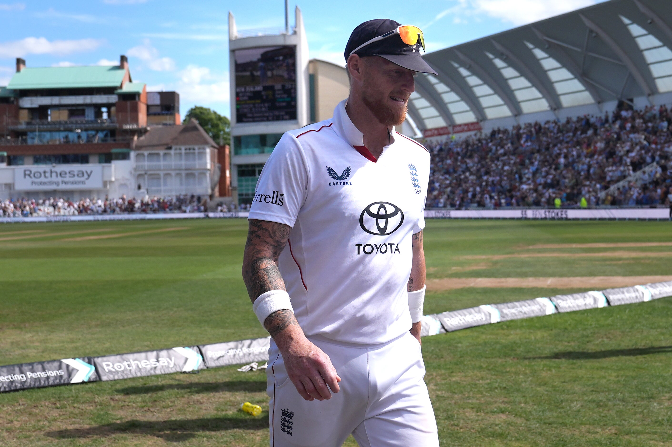 England’s Ben Stokes leaves the field for tea at Trent Bridge (Joe Giddens/PA). (PA Wire)