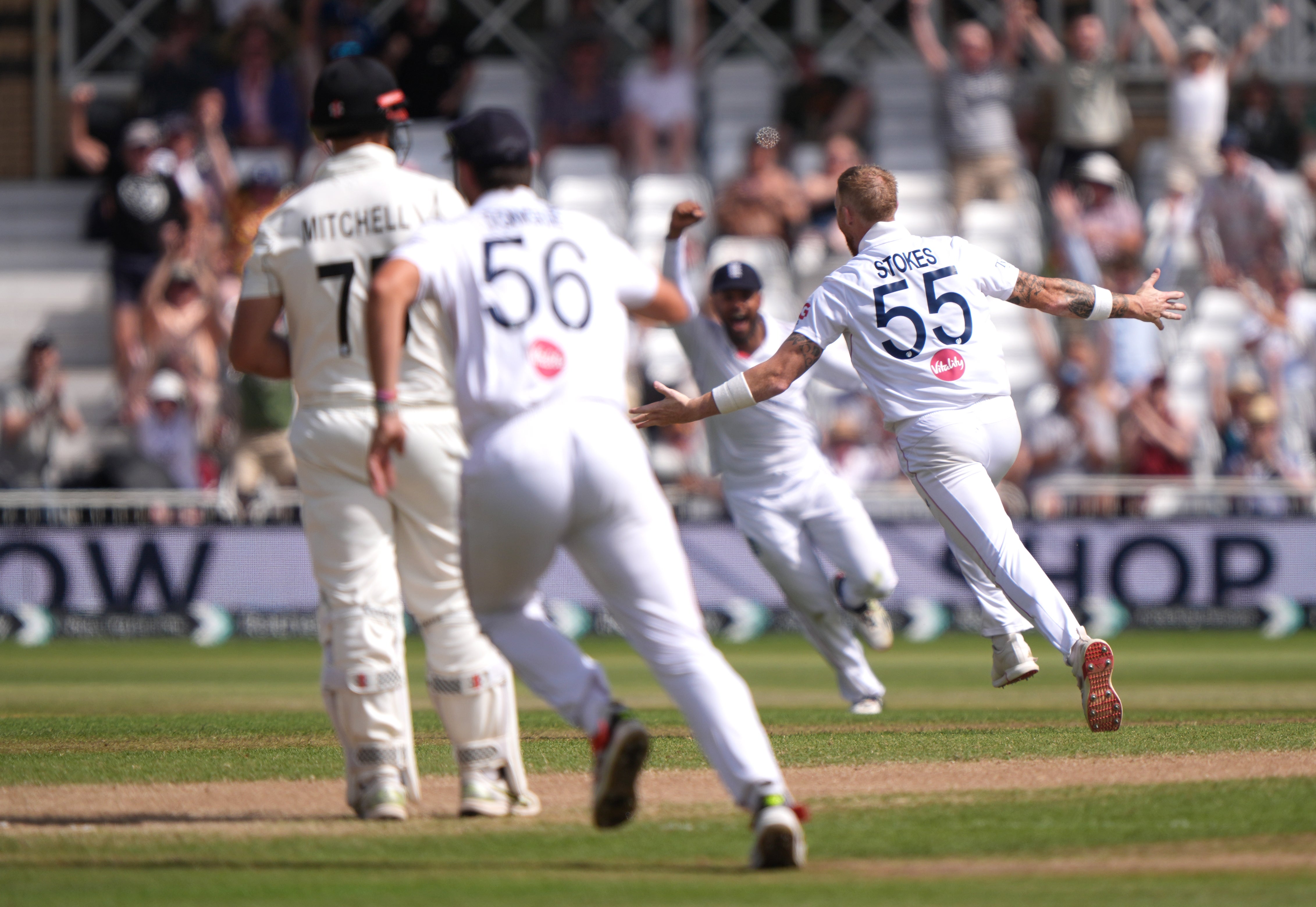 England’s Ben Stokes (right) celebrates taking the wicket of New Zealand’s Zak Foulkes immediately after news of his Test retirement reached the Trent Bridge crowd (Joe Giddens/PA).