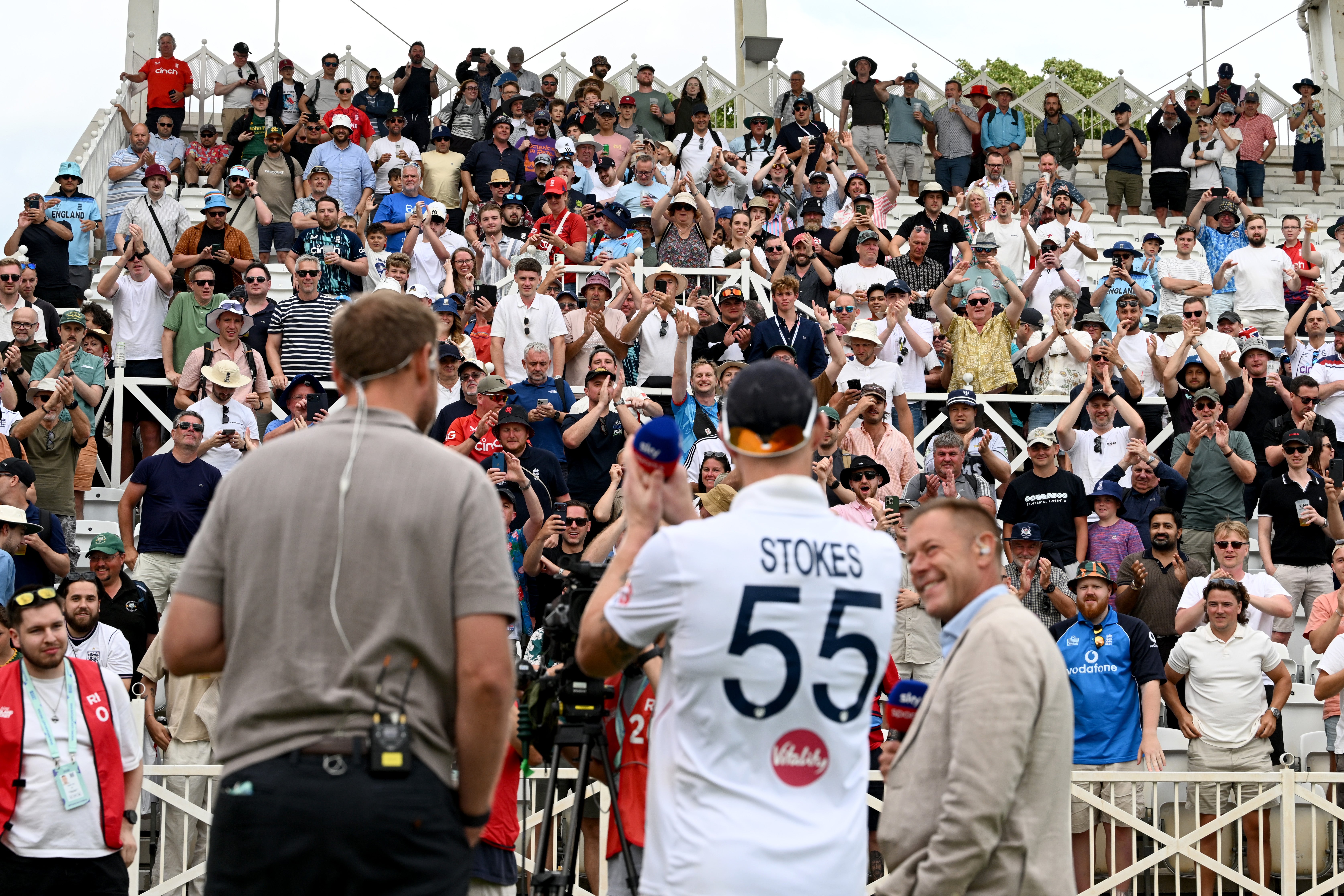 Stokes was seranaded but the England fans as he gave his interview to Sky Sports