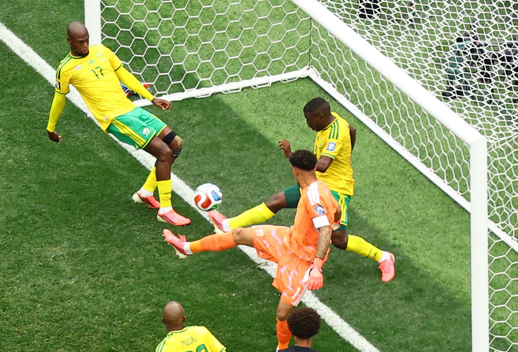 Aubrey Modiba cleared off the line for South Africa in the first-half
