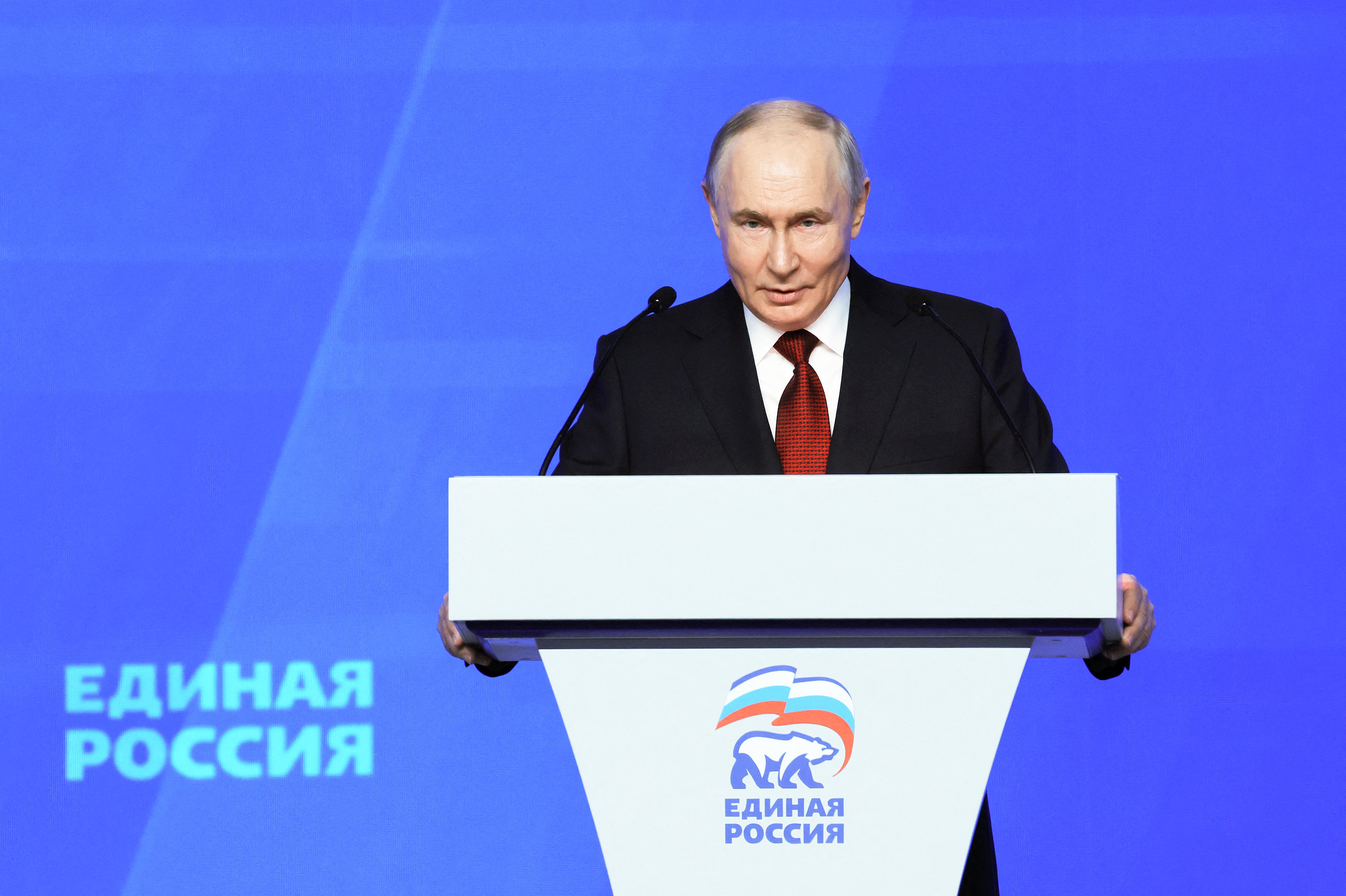 ladimir Putin addresses the audience at the 23rd Congress of the United Russia party in Moscow on 28 June 2026 (AFP/Getty)