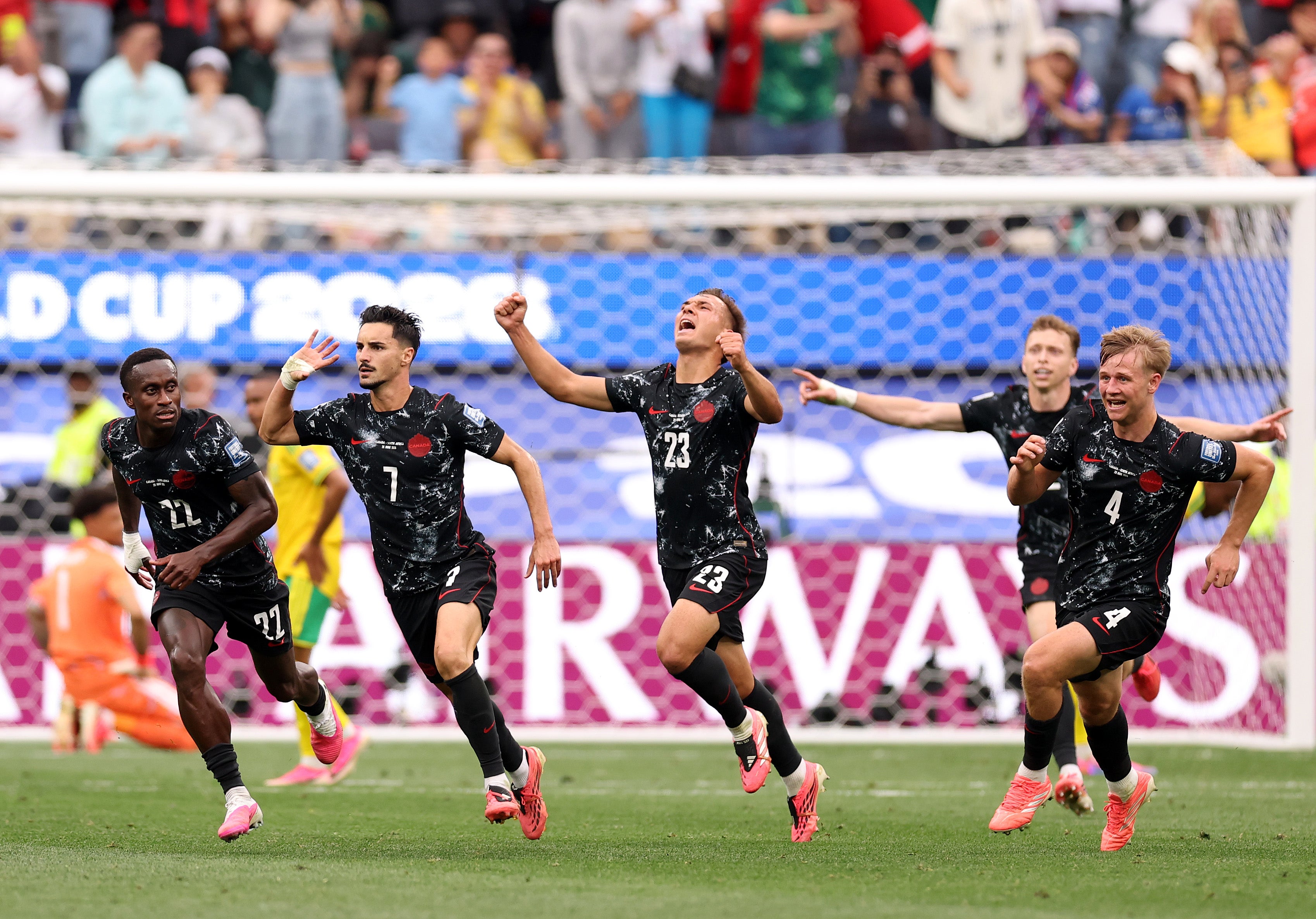 Stephen Eustaquio celebrates scoring Canada's winning goal over South Africa