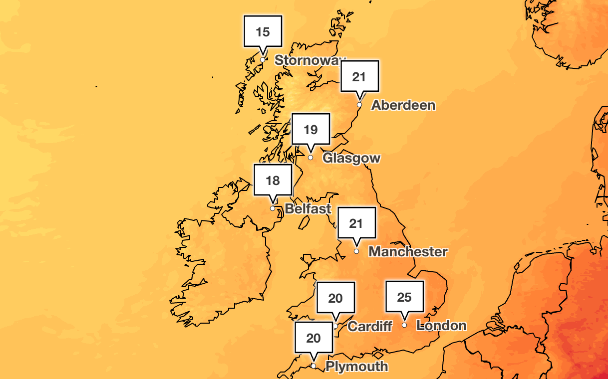 A high of 25C is forecast in London on Sunday