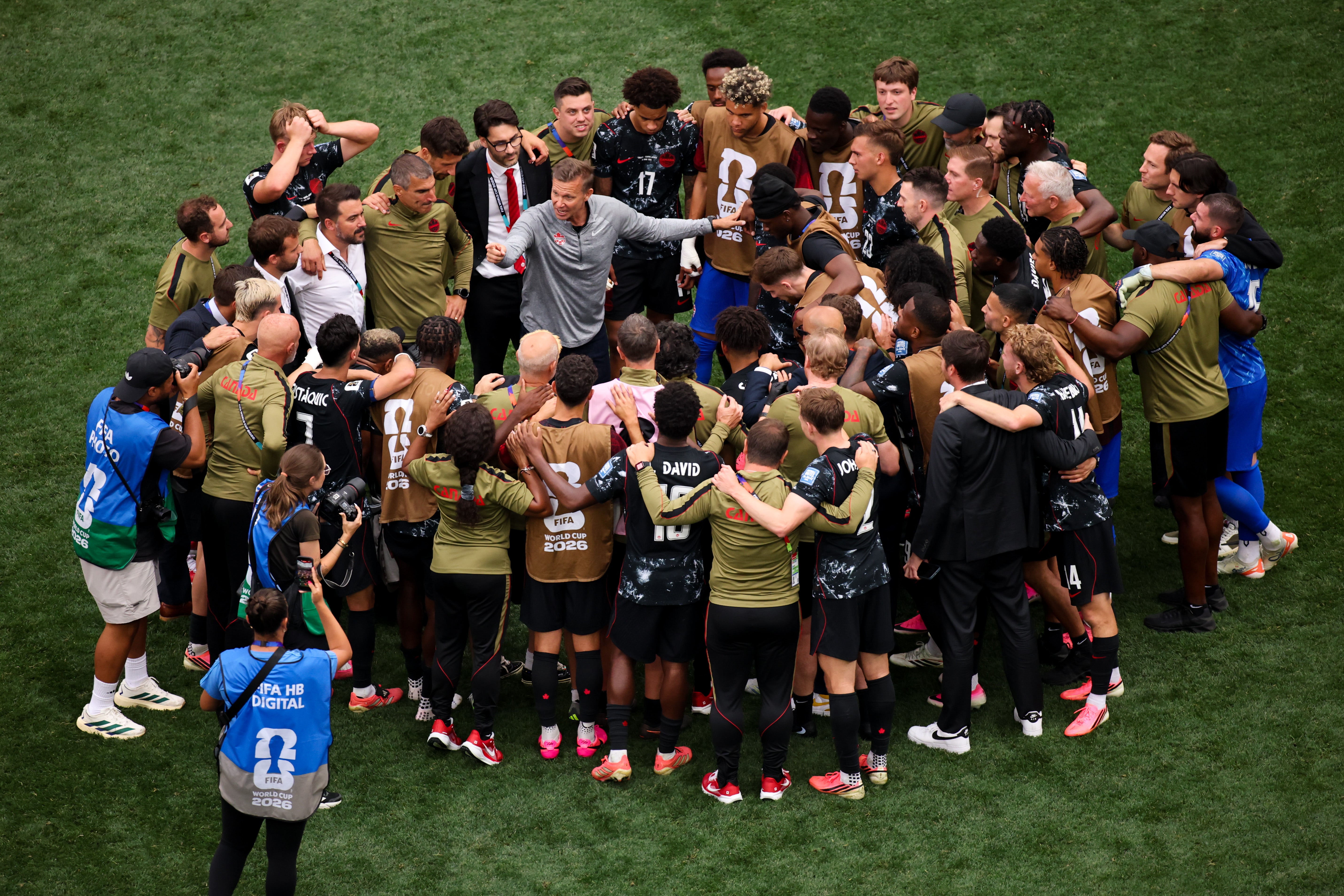 Jesse Marsch spoke to his players on the pitch after Canada's win over South Africa (Getty)