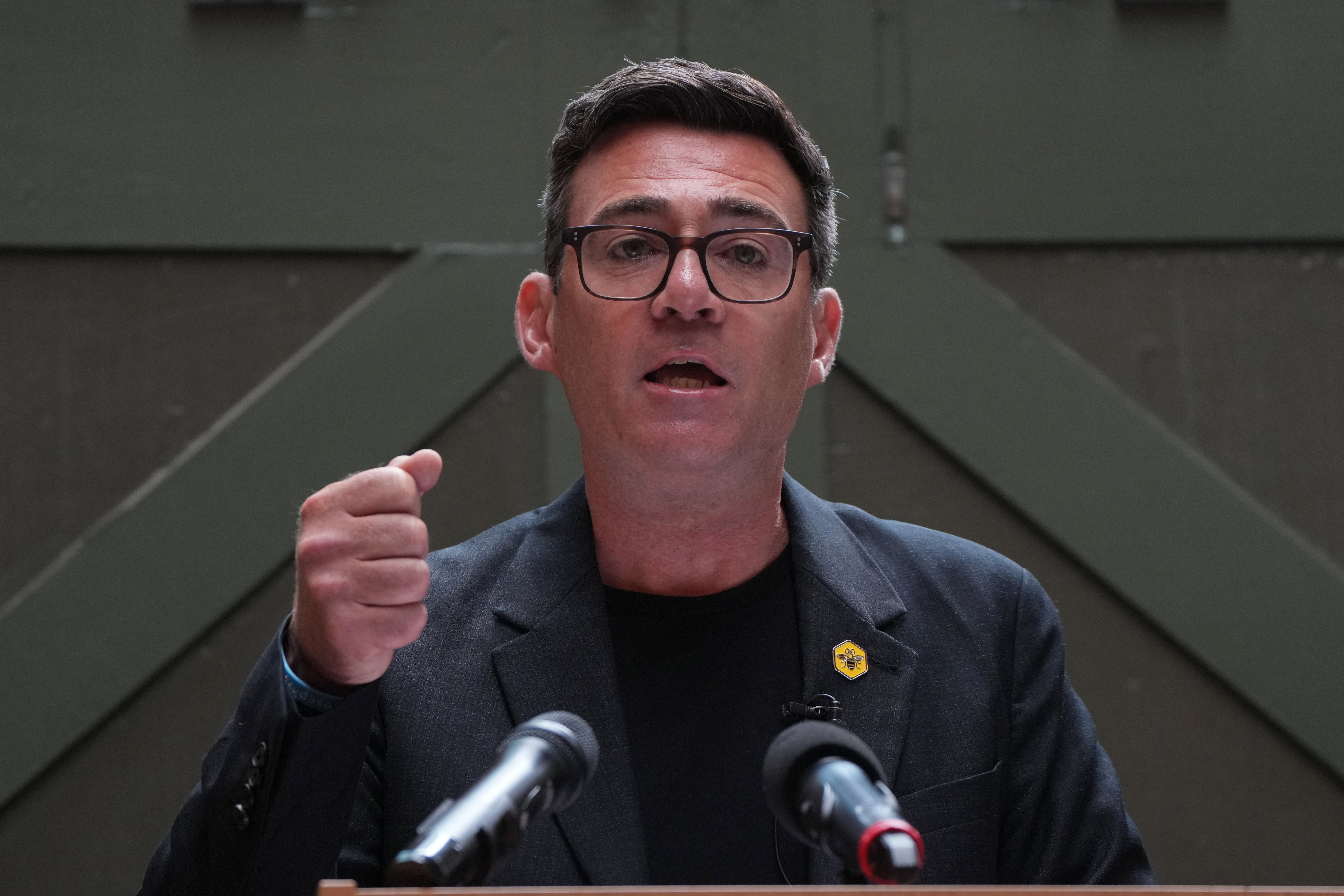 Andy Burnham delivers a speech at the People's History Museum in Manchester