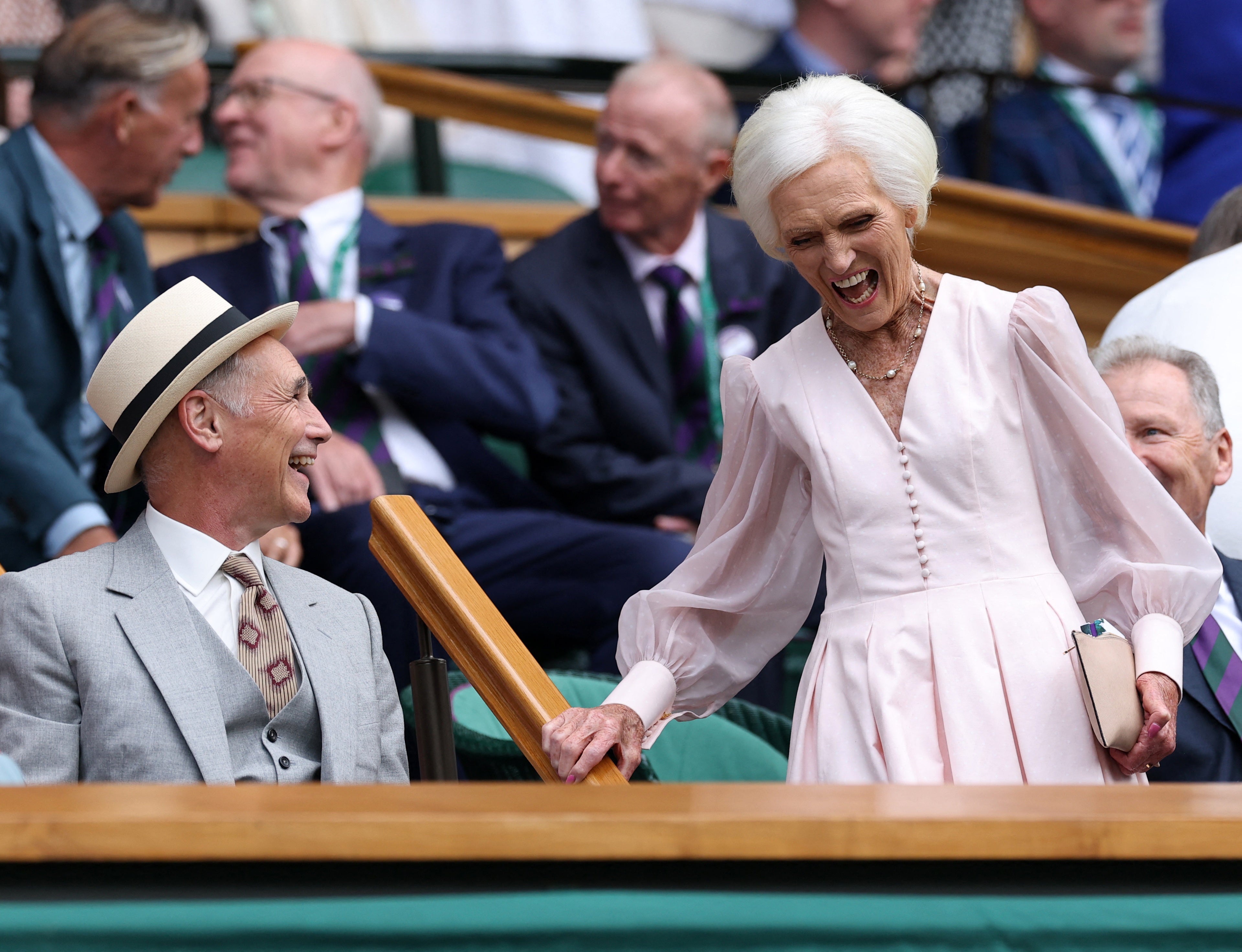 Mary Berry greets actor Mark Rylance in the royal box on day one of Wimbledon (Reuters)