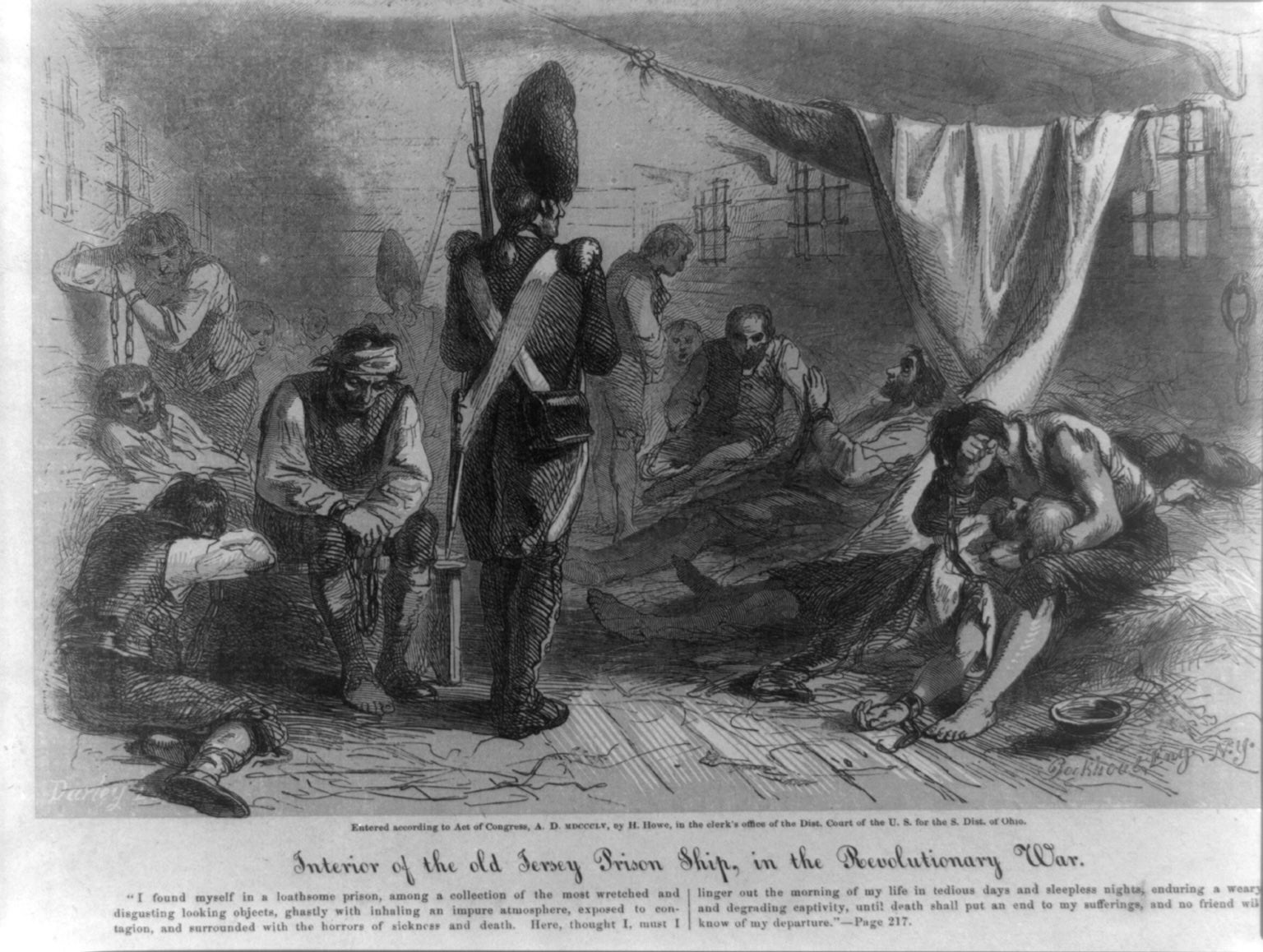Inside a British prison ship. At least 12,000 American prisoners-of-war died, while incarcerated in such vessels. In them, the British mistreated prisoners and allowed many to starve to death