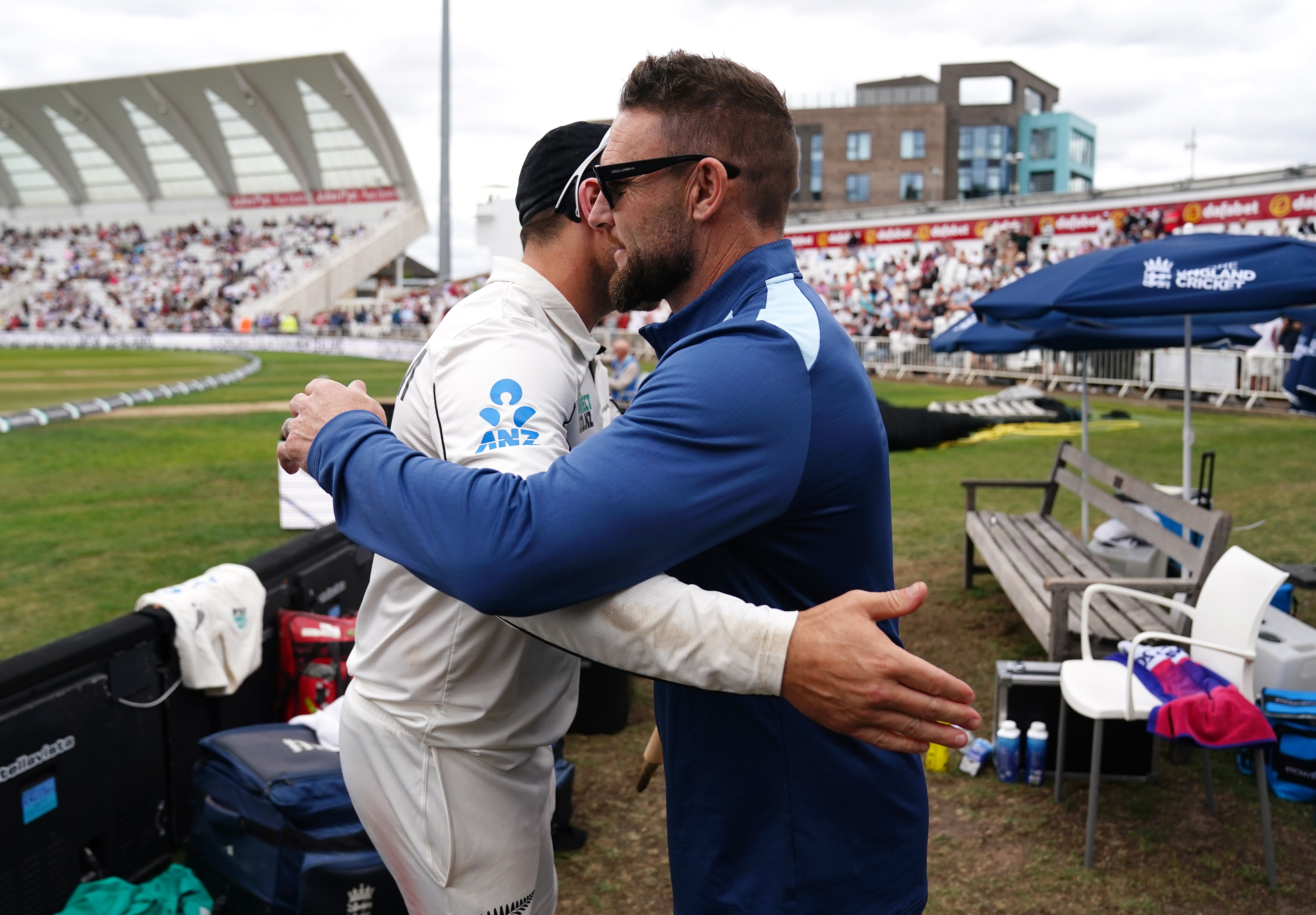 England head coach Brendon McCullum congratulates the victorious New Zealand team at Trent Bridge (Jacob King/PA) (PA Wire)