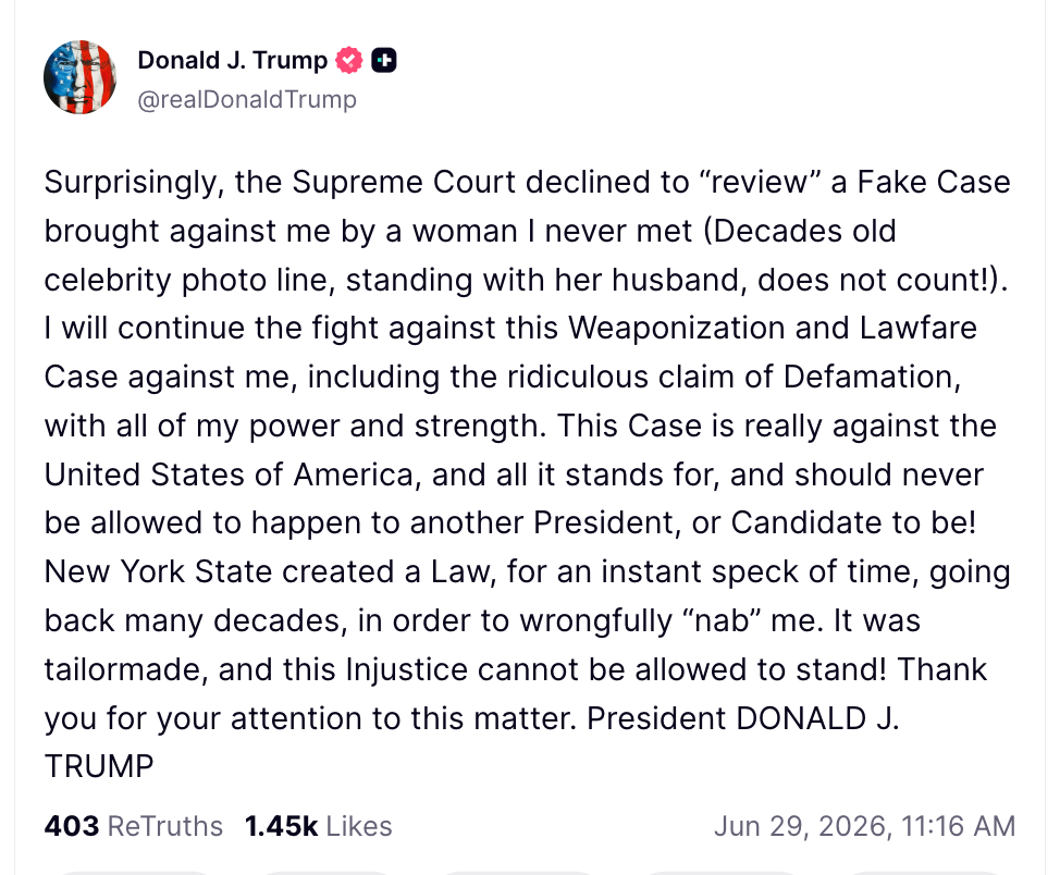 Trump again insisted he had never met E Jean Carroll while insisting he would continue fighting the multi-million-dollar verdicts in the sexual abuse and defamation case