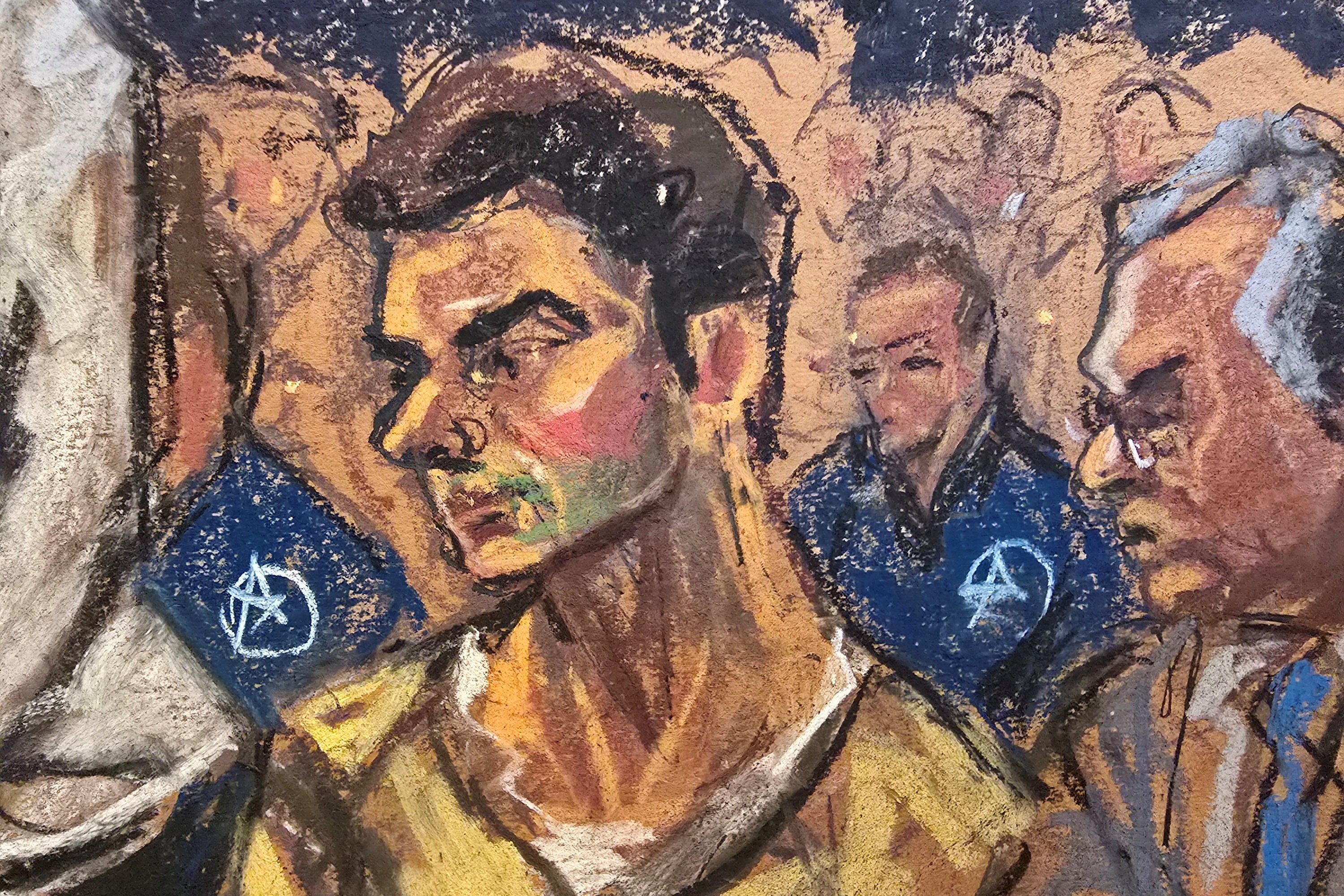 A courtroom sketch shows Luigi Mangione sitting with his defense attorney Marc Agnifilo during his federal court hearing in New York City on June 29, 2026