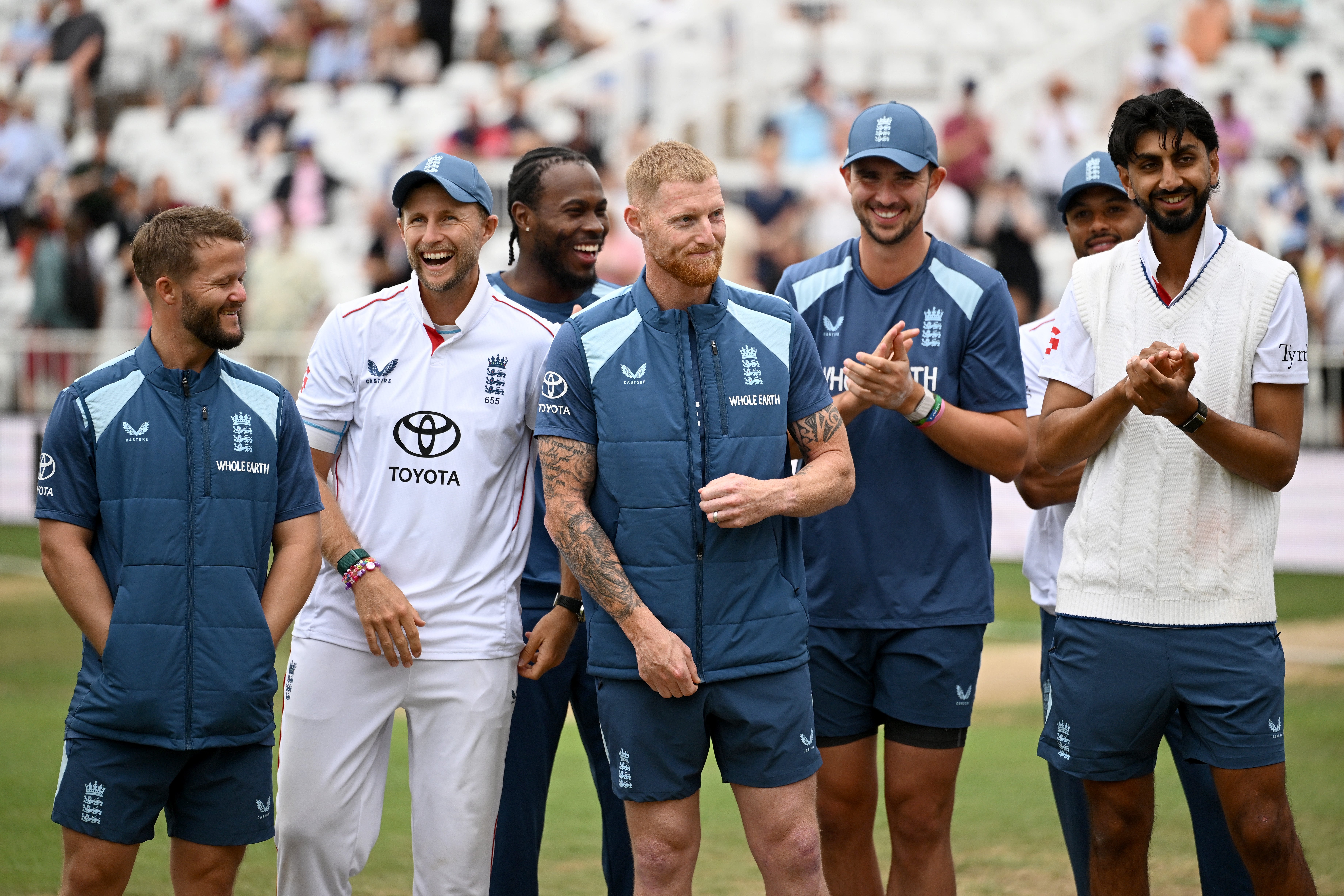 England captain Ben Stokes with teammates after the 3rd Test Match against New Zealand