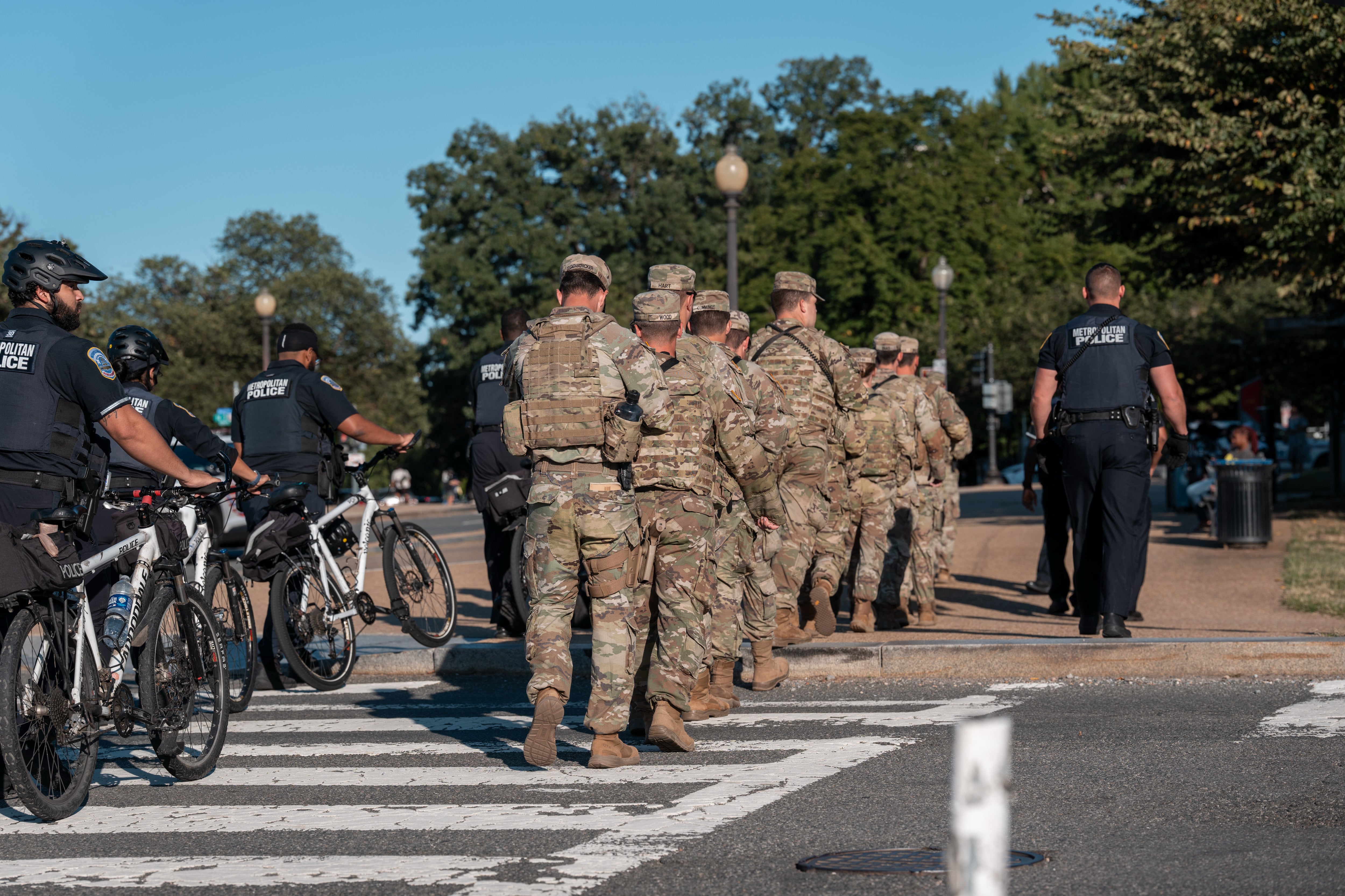 Sam O’Hara was arrested by local police after he followed National Guard troops and played ‘The Imperial March’ during a patrol in September 2025 (Getty Images)