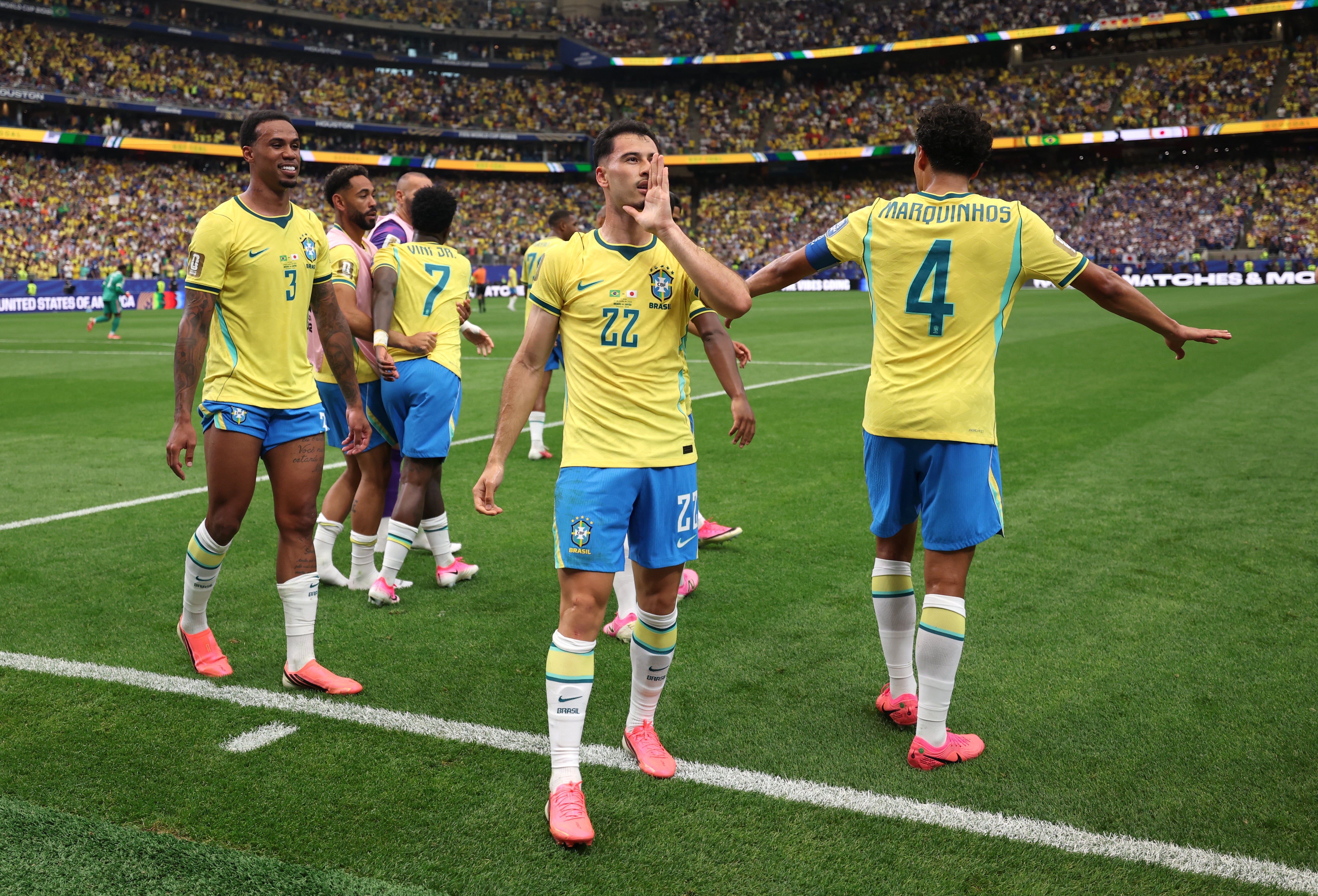 Gabriel Martinelli of Brazil celebrates with teammates after scoring