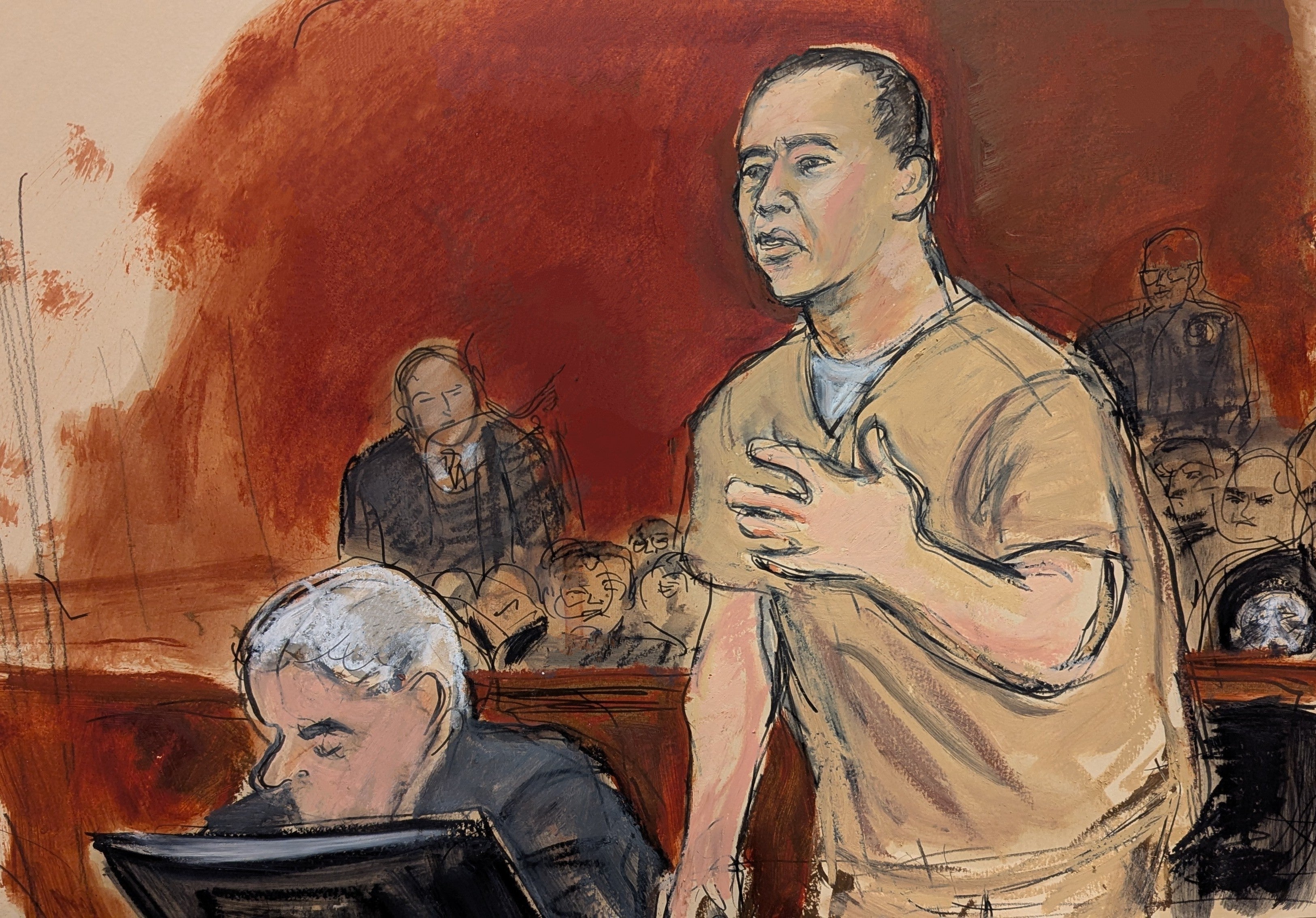 In this courtroom sketch, Guo Wengui, Chinese business tycoon, makes his sentencing statement at Manhattan federal court in New York, Monday, 29 June 2026