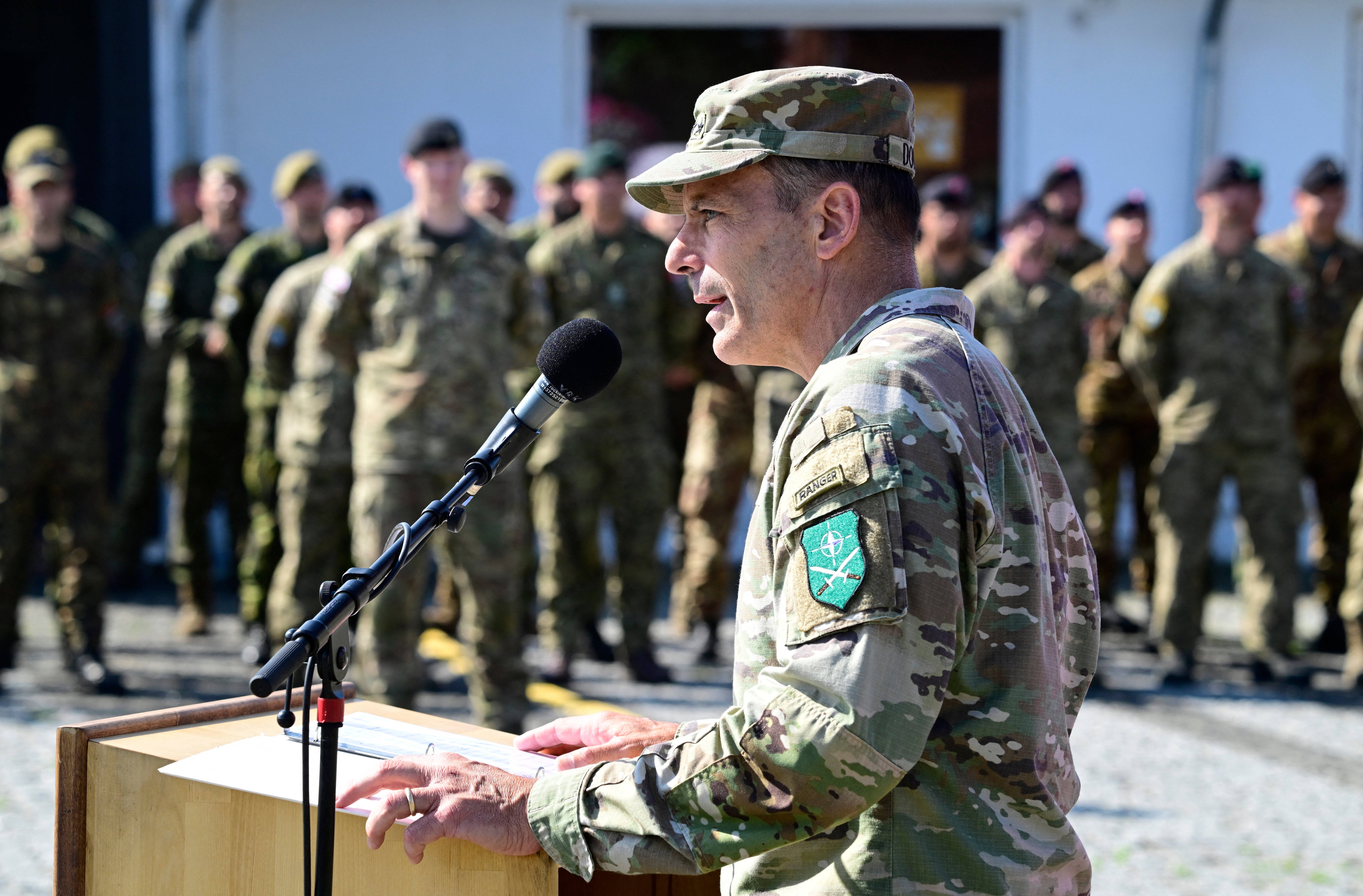 US General Chris Donahue, outgoing US commander of NATO's land forces in Europe, addresses soldiers in Valga, Estonia (AFP/Getty)