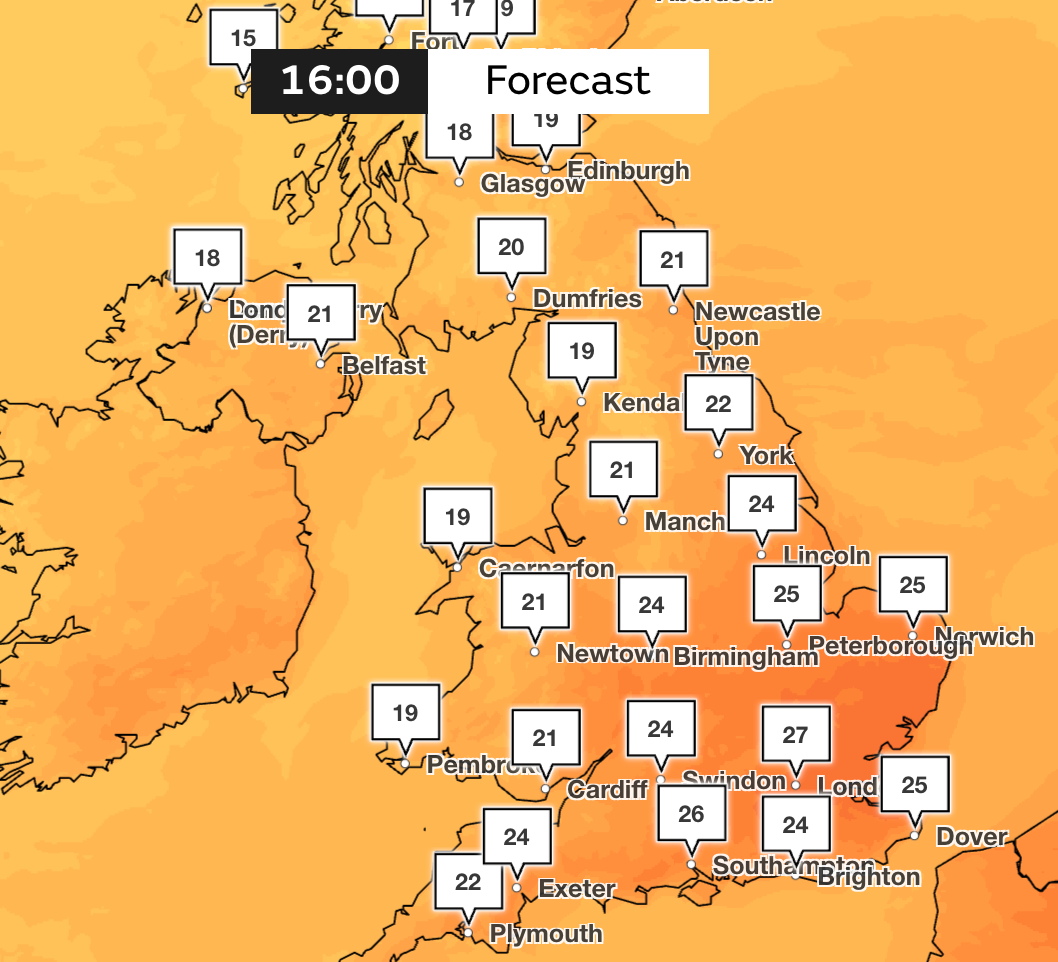 Temperature forecast for Saturday