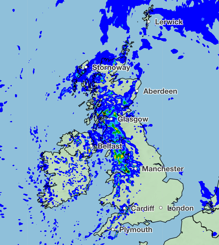 Heavy rain and thunderstorms have been forecast for Northern Ireland and parts of Scotland on Tuesday