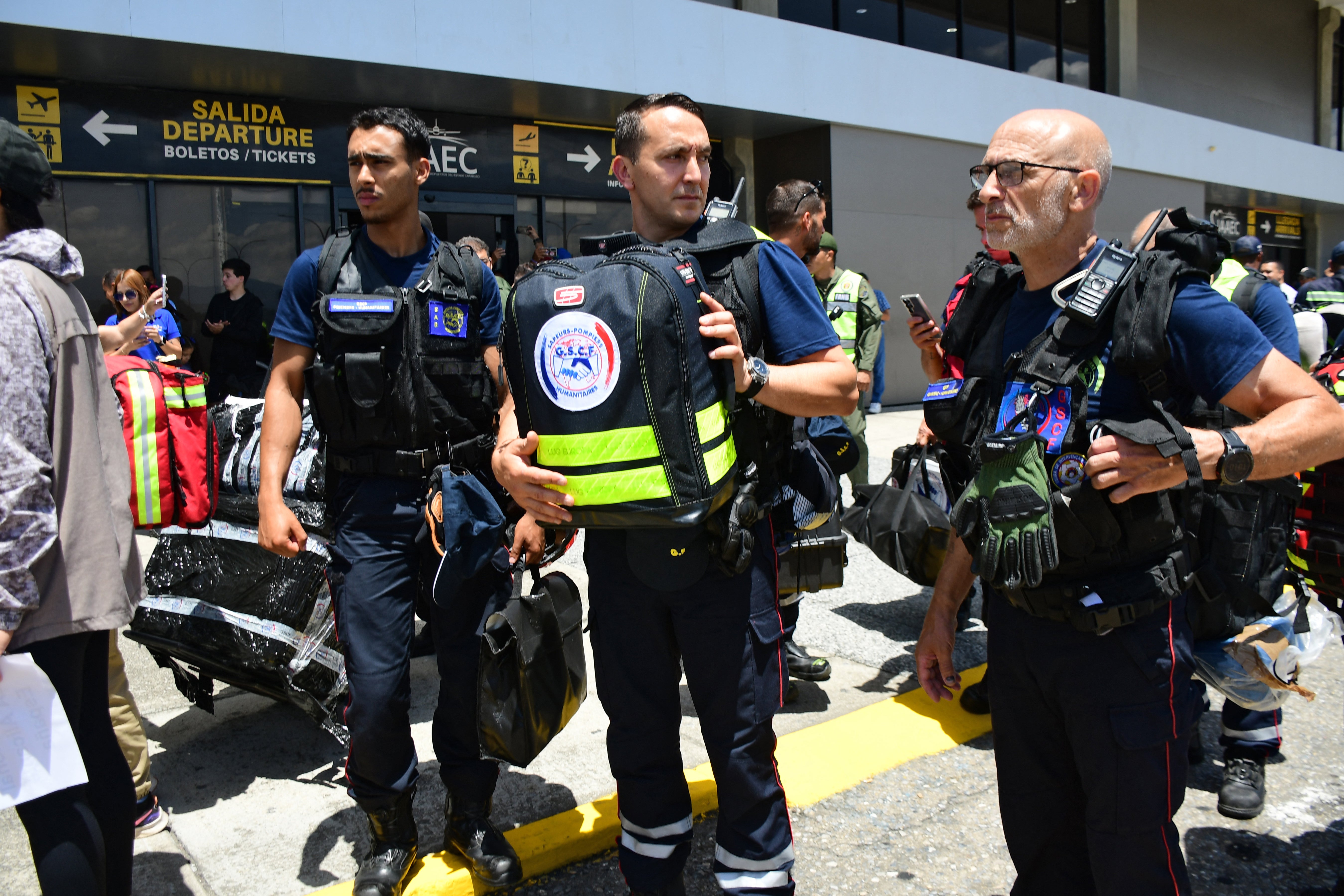 Members of the French Disaster Relief Group GSCF SAR are seen upon arrival in Venezuela