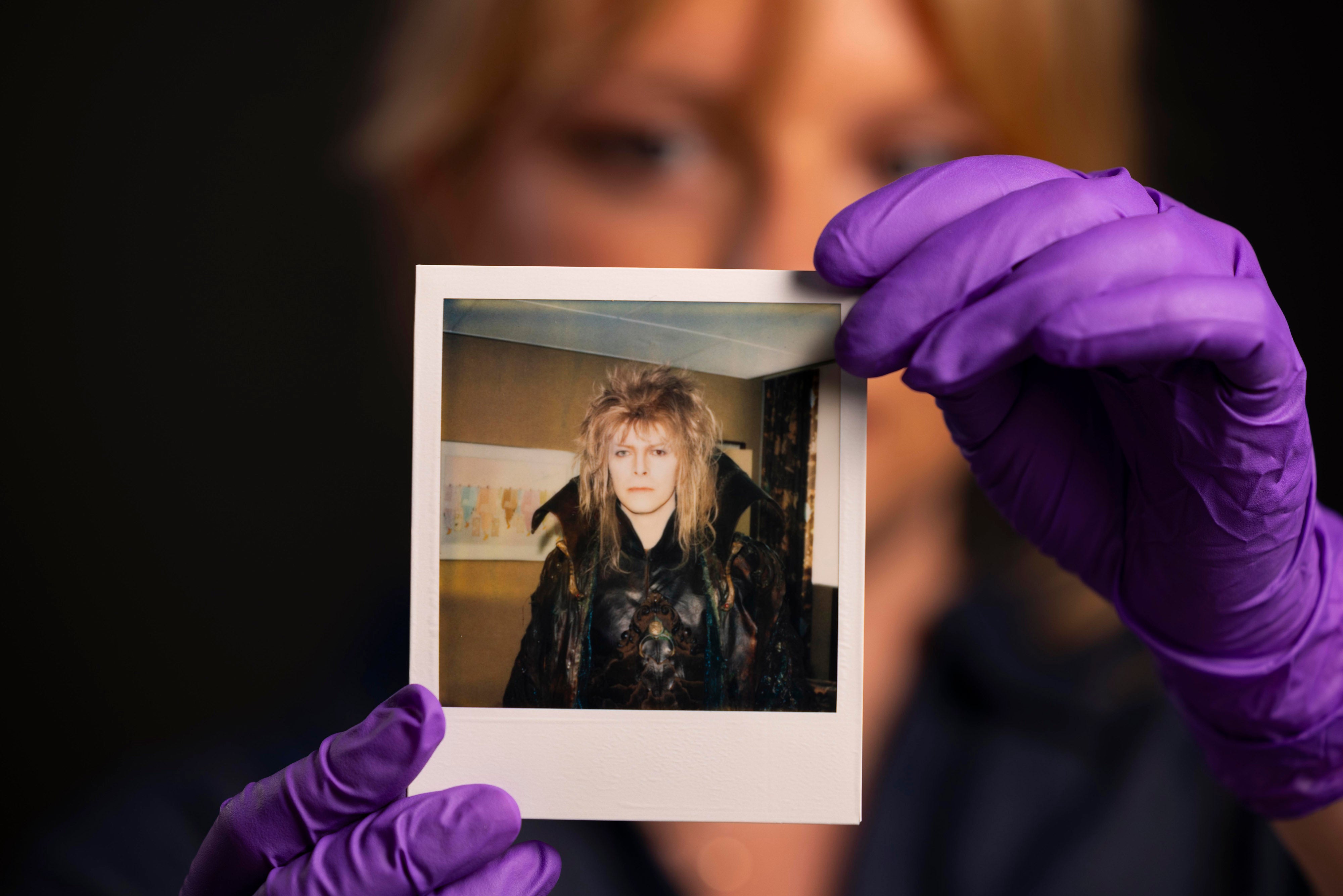 A polaroid photograph of David Bowie's costume fittings for the character of Jareth in the 1986 film, 'Labyrinth'