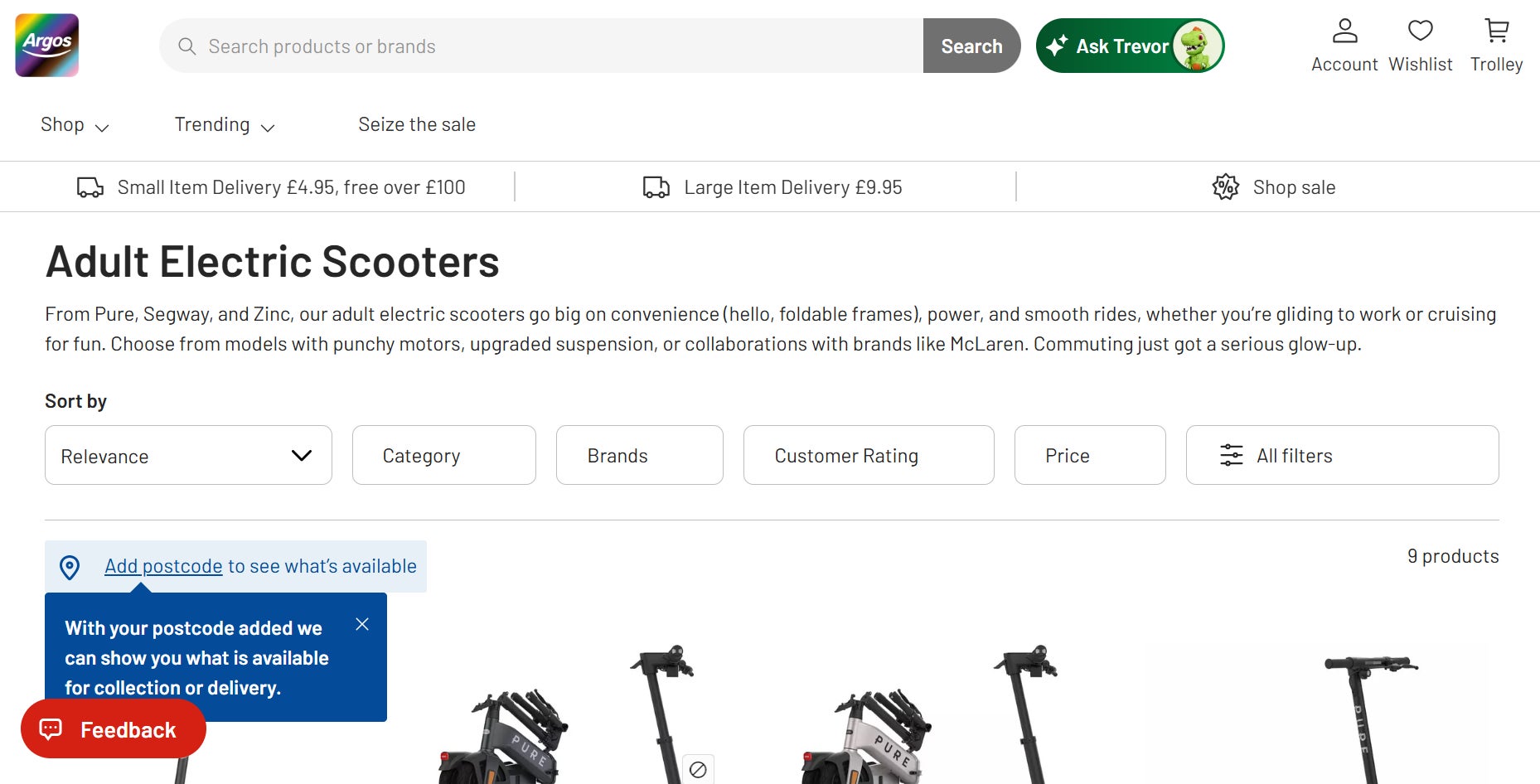 Argos includes prominent warnings about the law around e-scooters on each individual advert