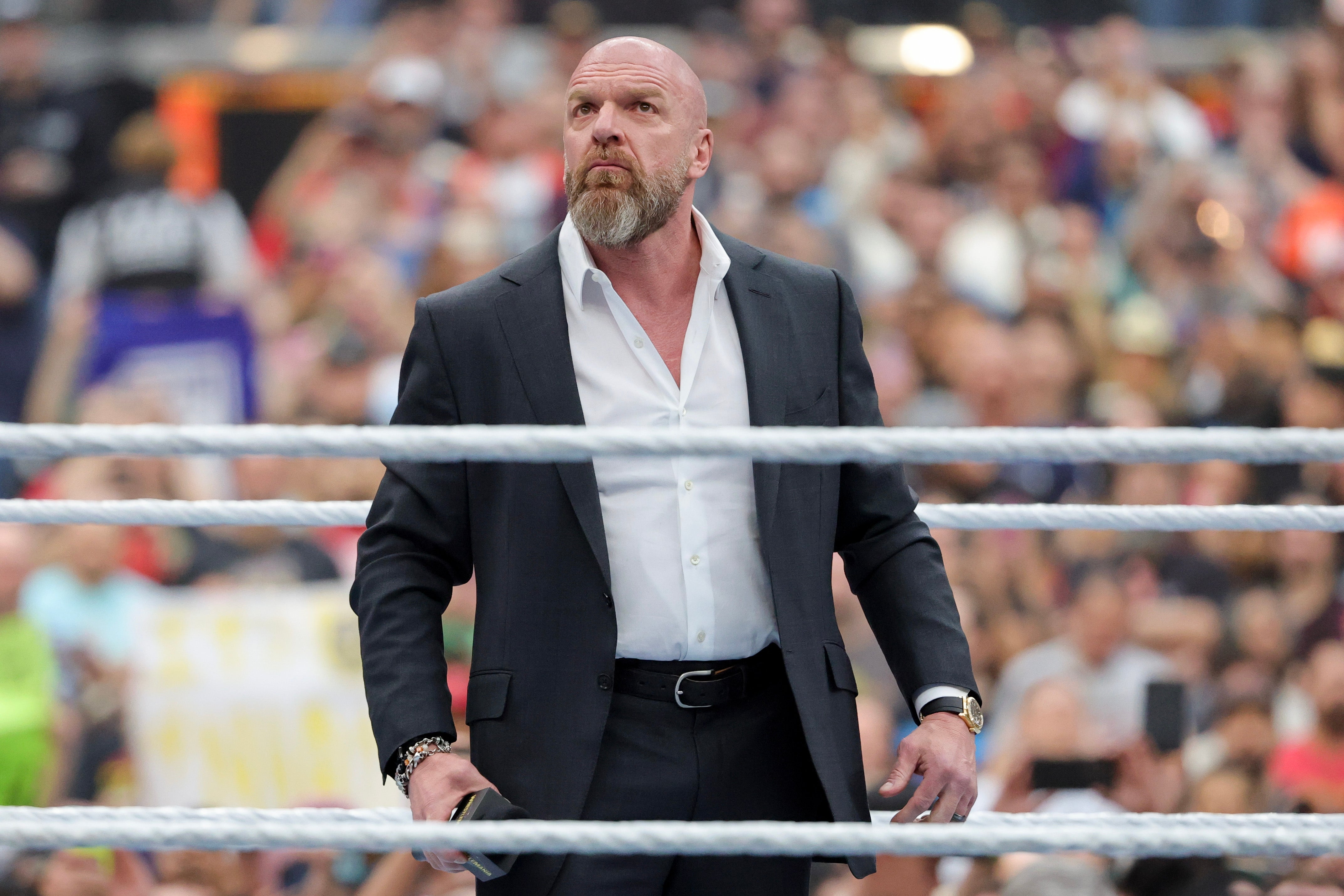 WWE Chief Content Officer Paul Levesque speaks during WrestleMania 41 in Las Vegas. Levesque was named vice chair of the President’s Council on Sports, Fitness and Nutrition in June 2026