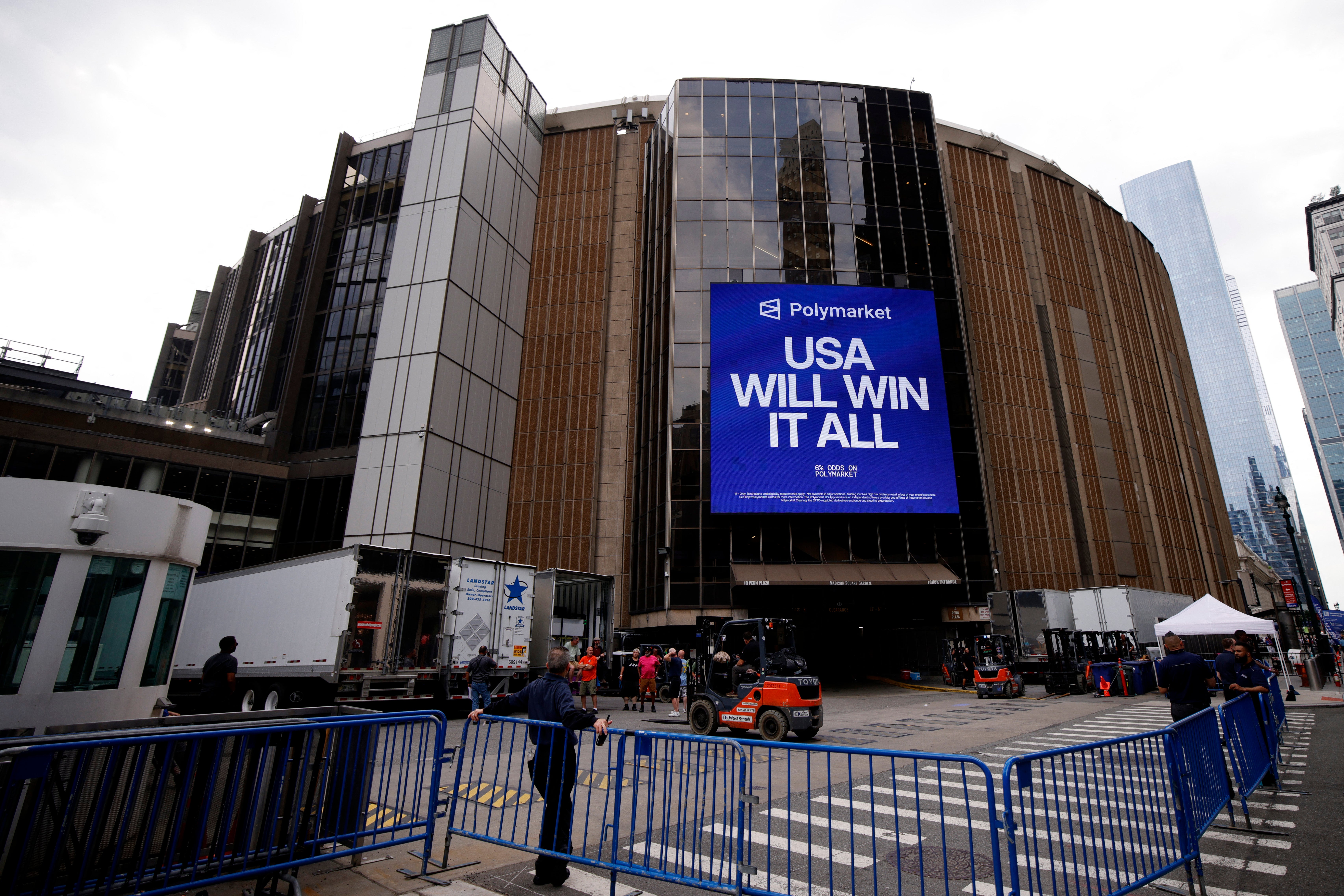 Forklifts and trucks are seen outside Madison Square Garden in New York on June 30 as increasing signs point to a mega-bash for the A-list celebrity couple Taylor Swift and Travis Kelce at Madison Square Garden later this week.