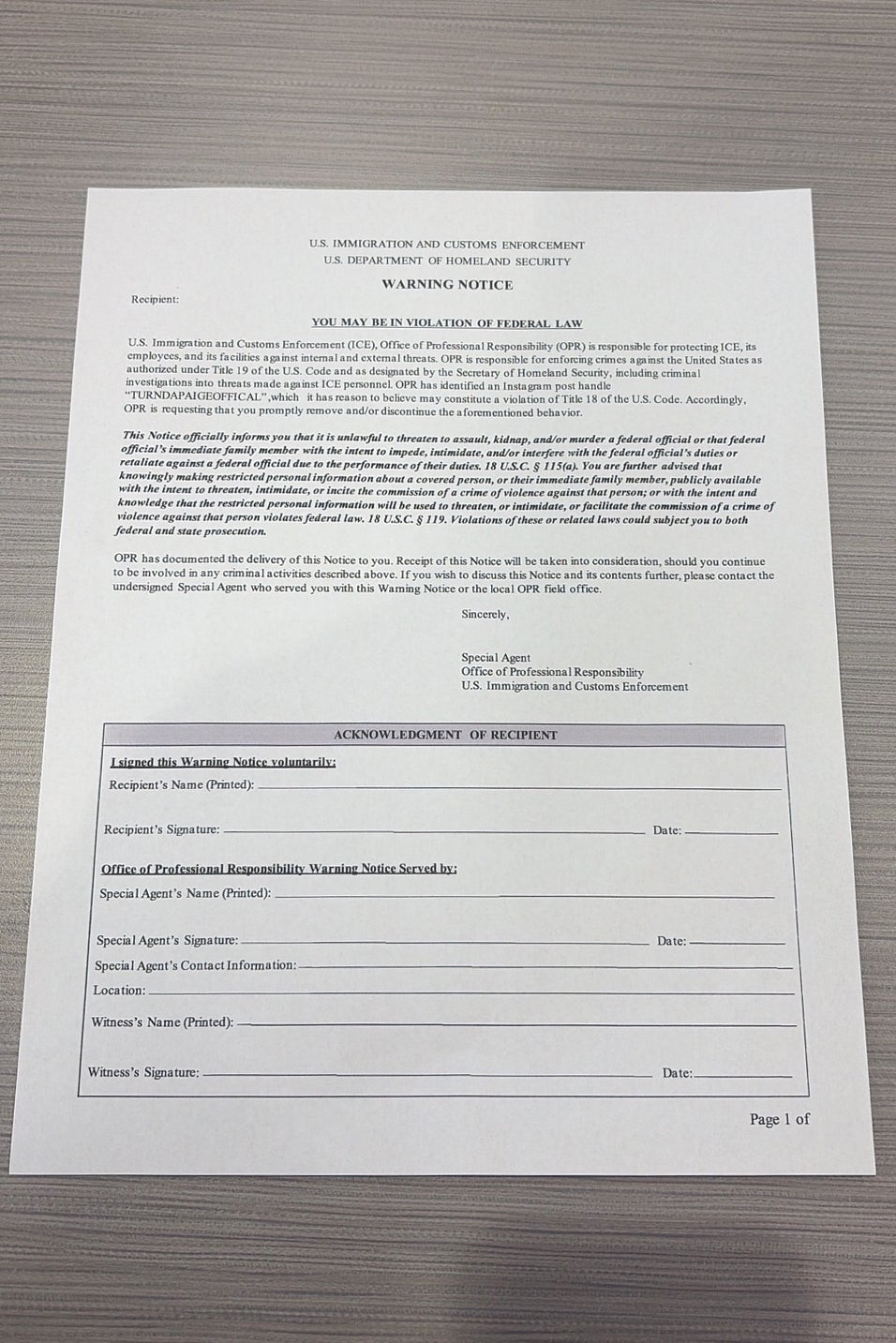 This photo provided by Paigelynne Gonyea shows a form she says she received from ICE officials