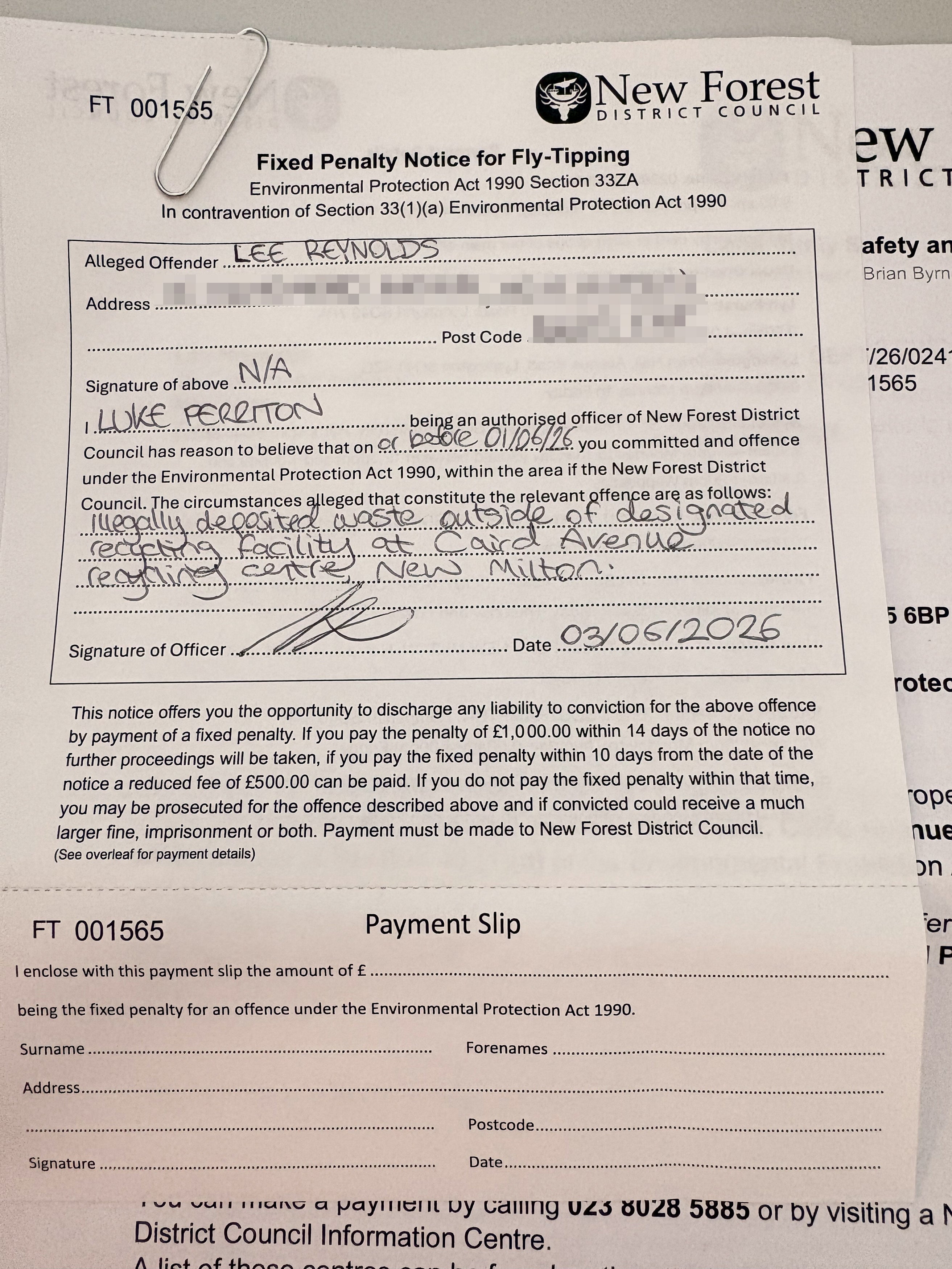Lee Reynolds was fined £1,000 for ‘illegally deposited waste’