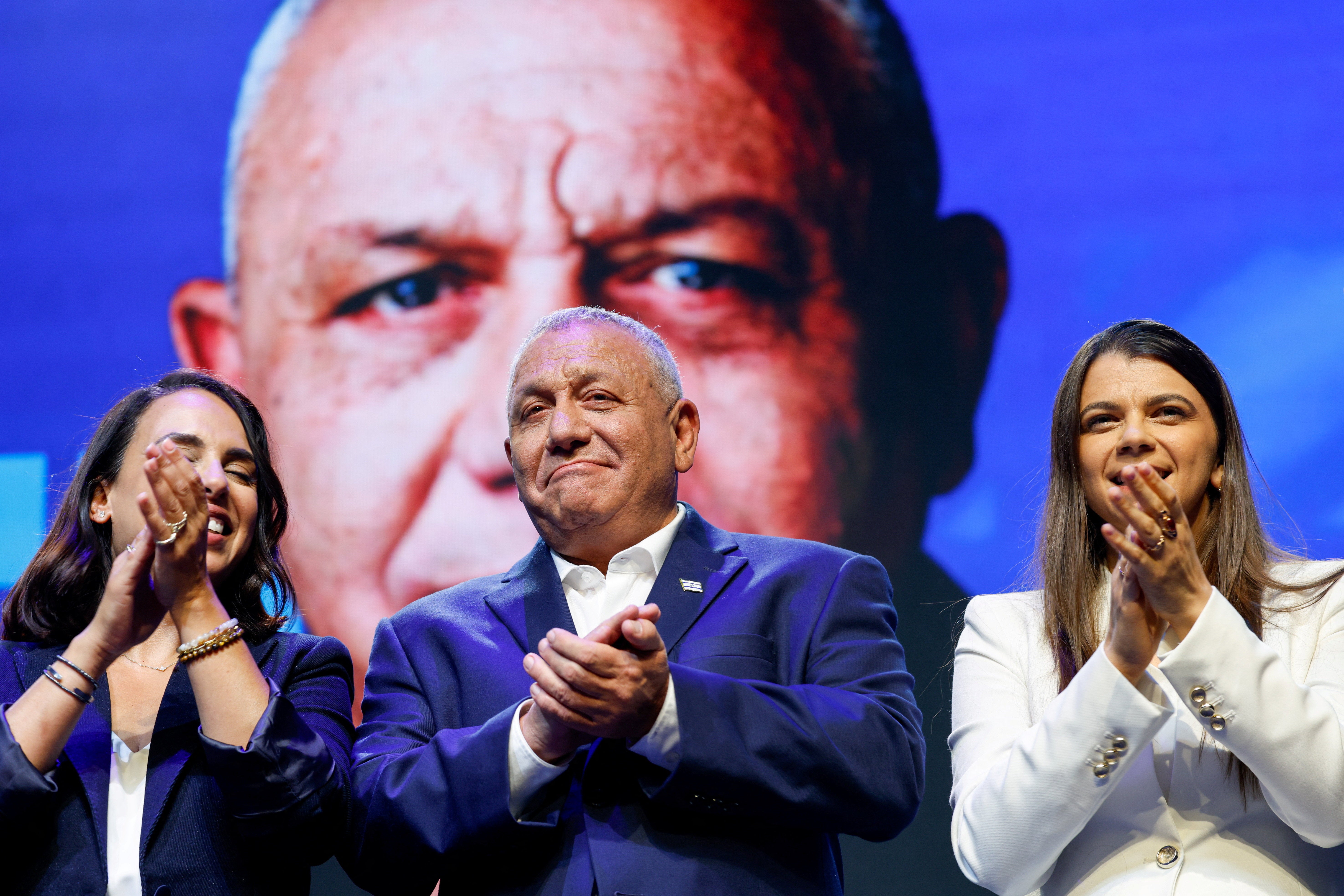 Israeli opposition leader and former military chief, Gadi Eisenkot, reacts as he launches an election campaign for Yashar, his new political party (Reuters)