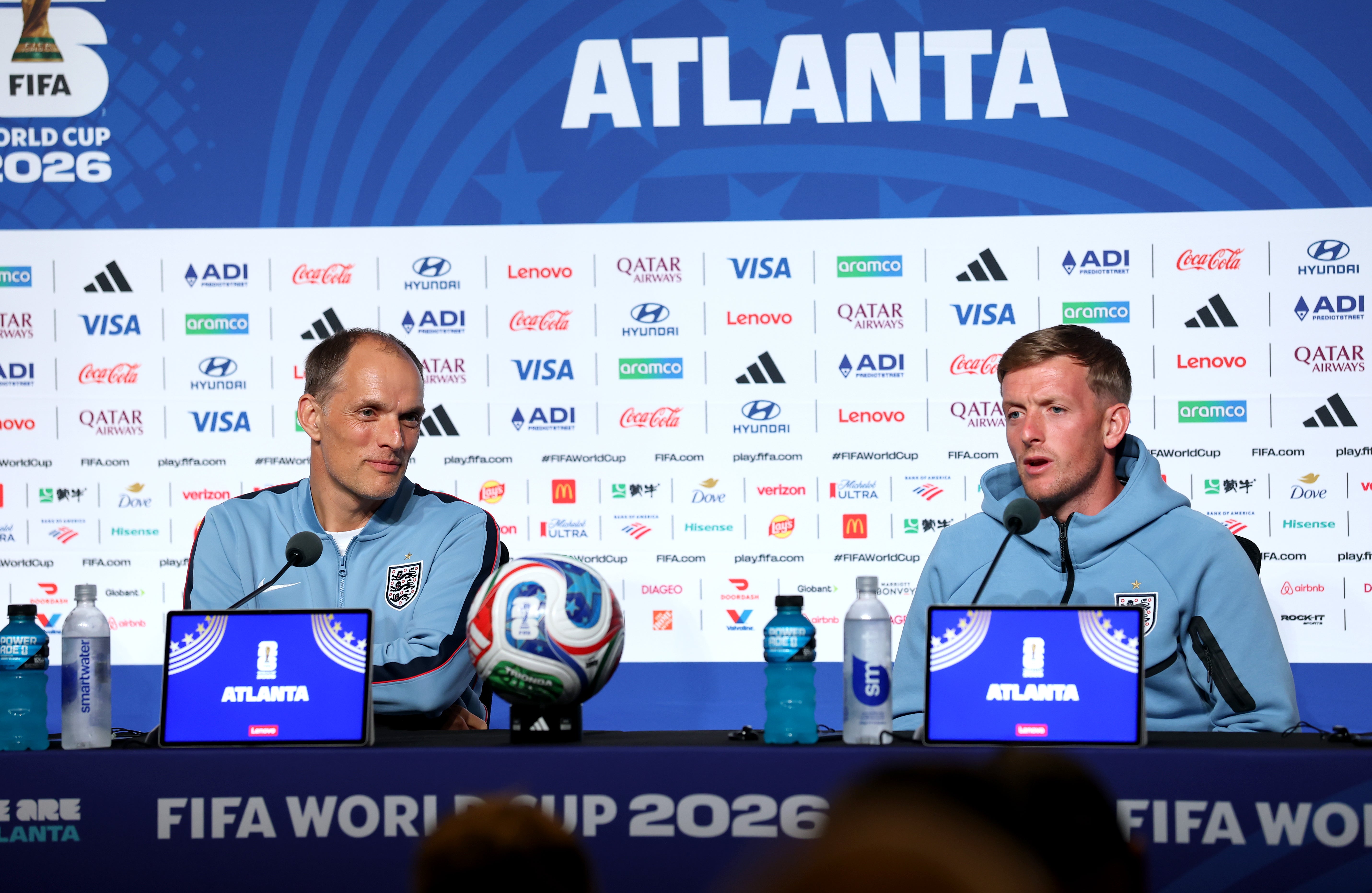 Thomas Tuchel and Jordan Pickford speak to the media in Atlanta