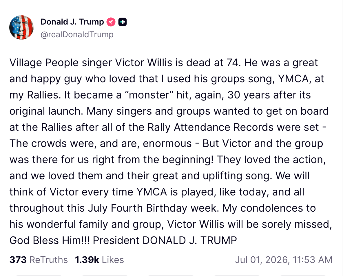 Trump pays tribute to Village People star Victor Willis (Truth Social)