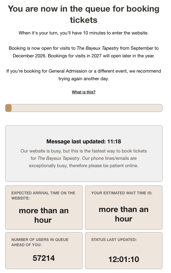 Those hoping to see the tapestry can expect a long queue before accessing the 10 minute ticket window (Screenshot/British Museum website)