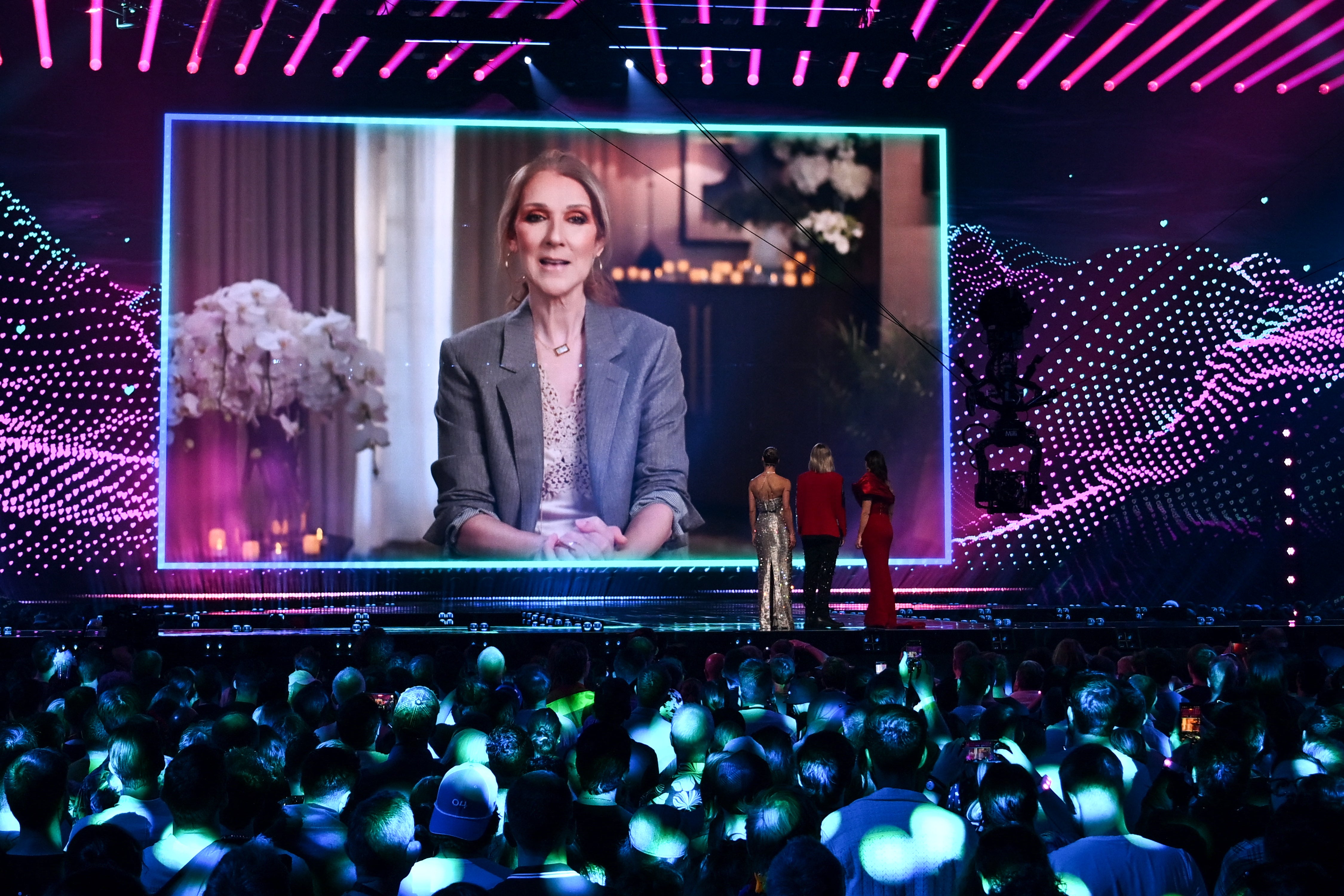 Canadian singer Celine Dion giving a recorded message during the dress rehearsal for the final of the Eurovision Song Contest 2025 at the St. Jakobshalle arena in Basel. (AFP/Getty)