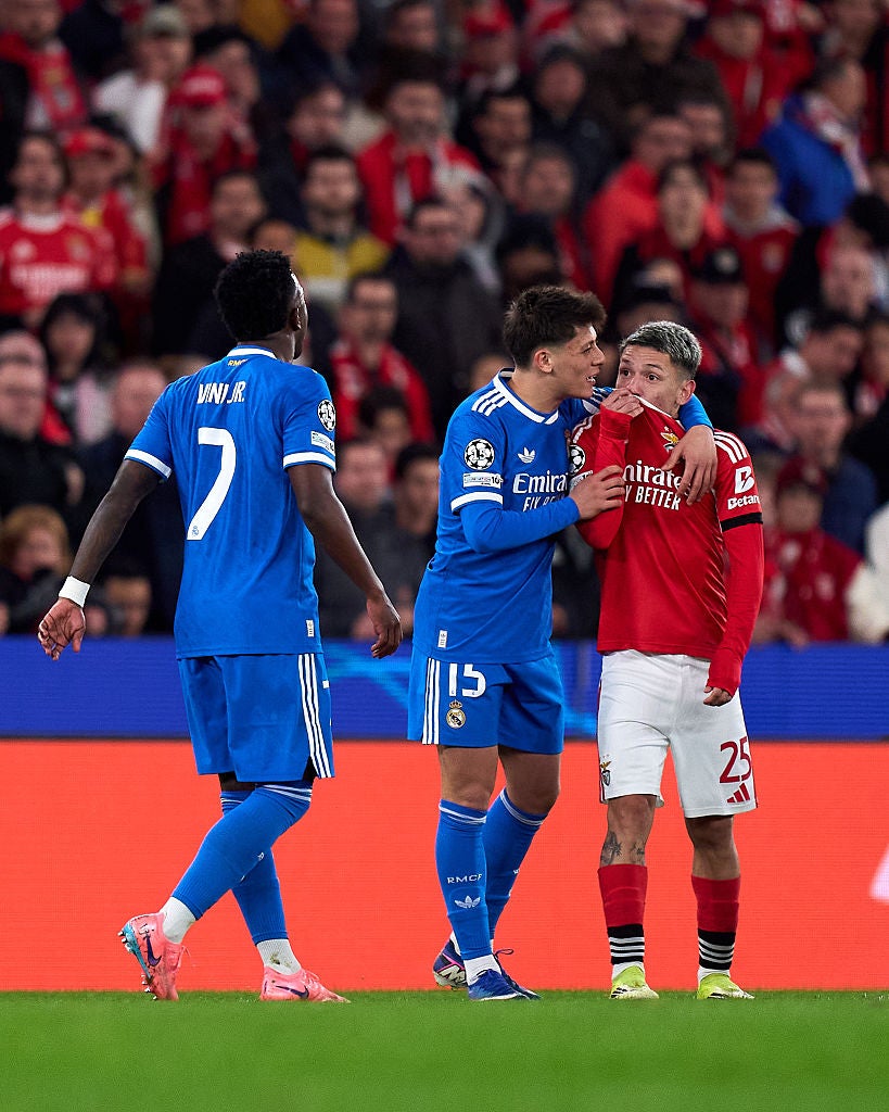 Benfica winger Gianluca Prestianni was accused of attempting to hide racially charged verbal insults toward Real Madrid forward Vinícius Júnior (Getty Images)