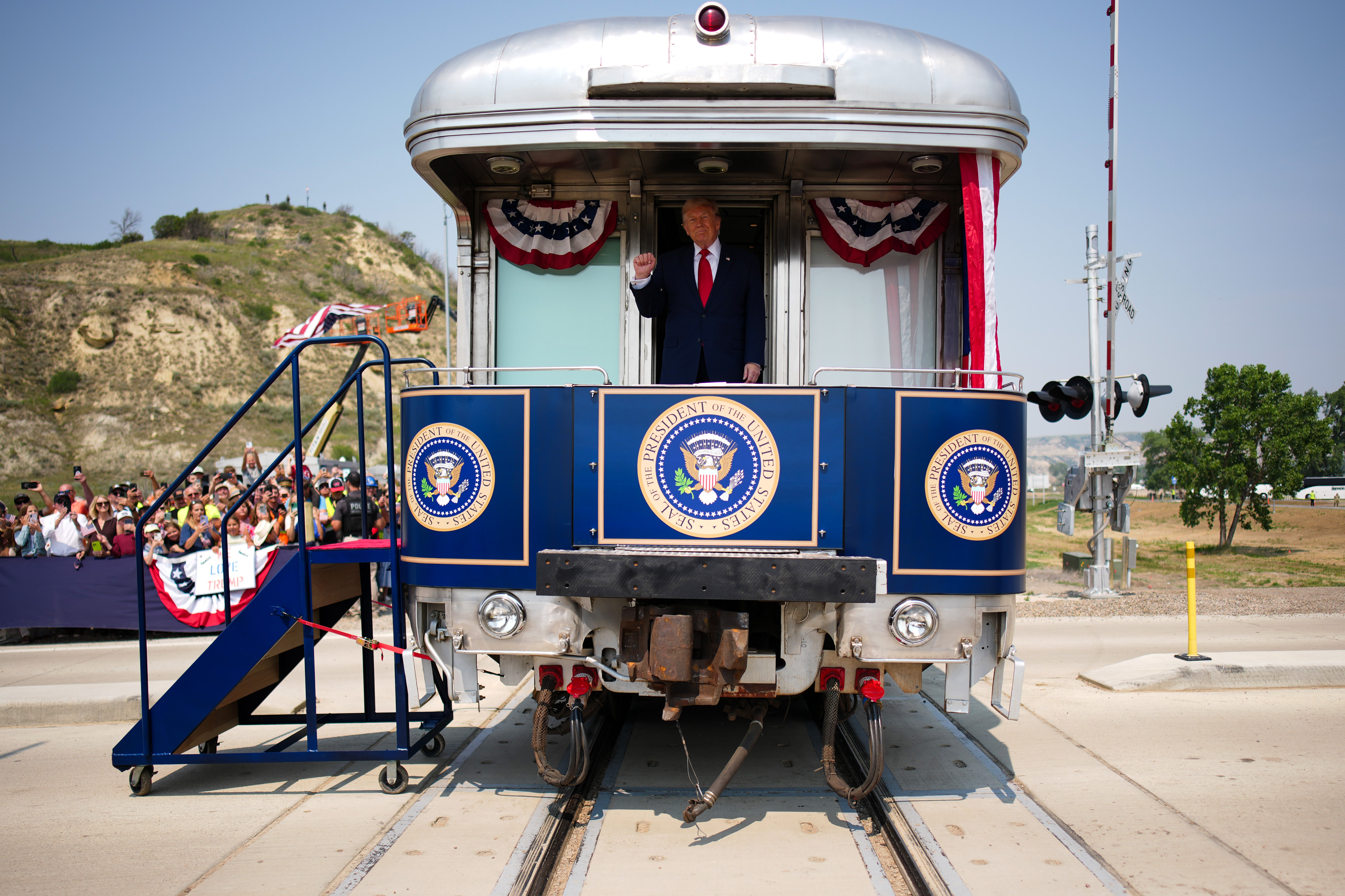 Trump arrives in a Freedom250-themed train ahead of his dedication ceremony in Mendora, North Dakota (Getty Images)
