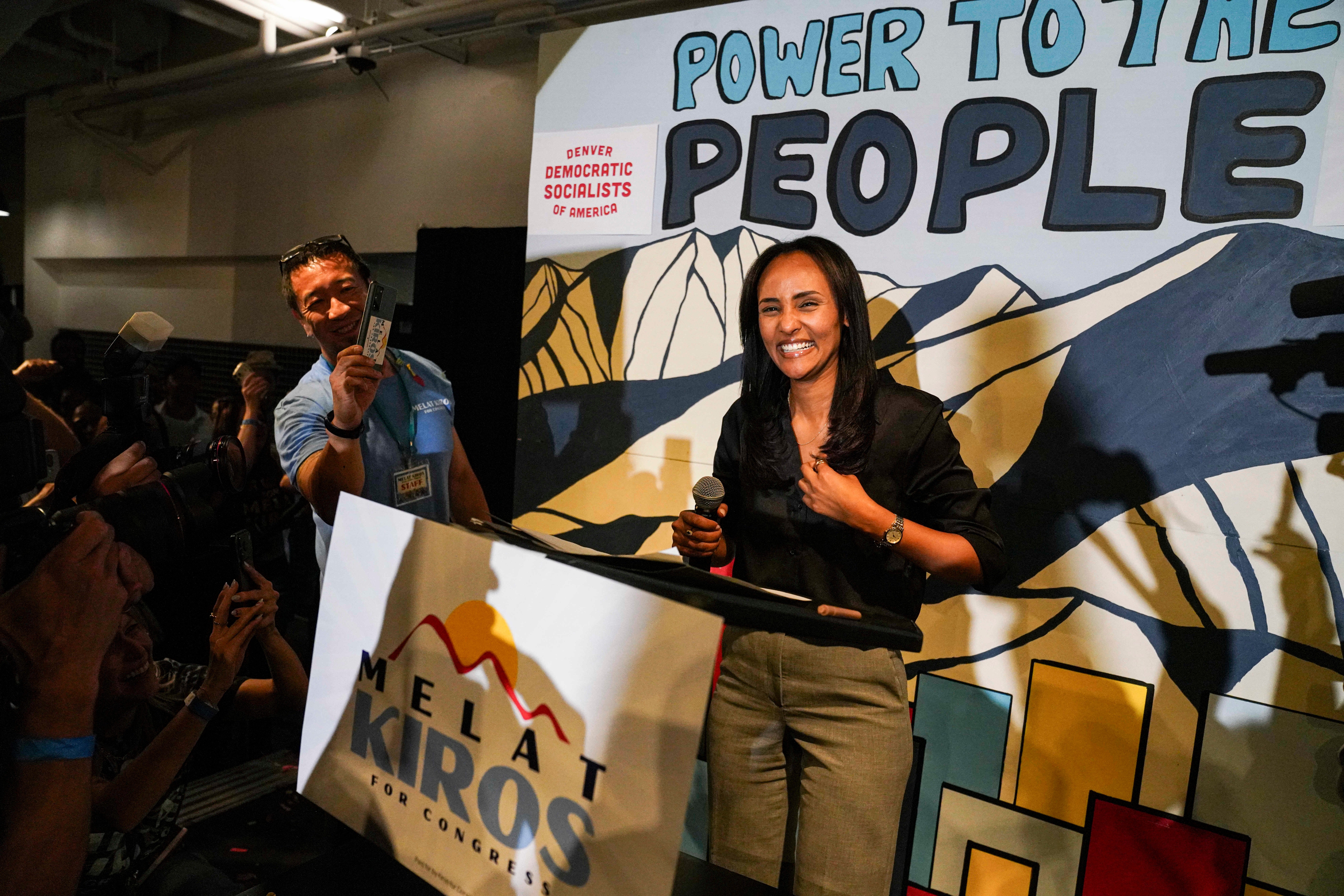 Democratic congressional candidate Melat Kiros speaks to cheering supporters after she won the Democratic nomination in Denver Tuesday night. (AP)