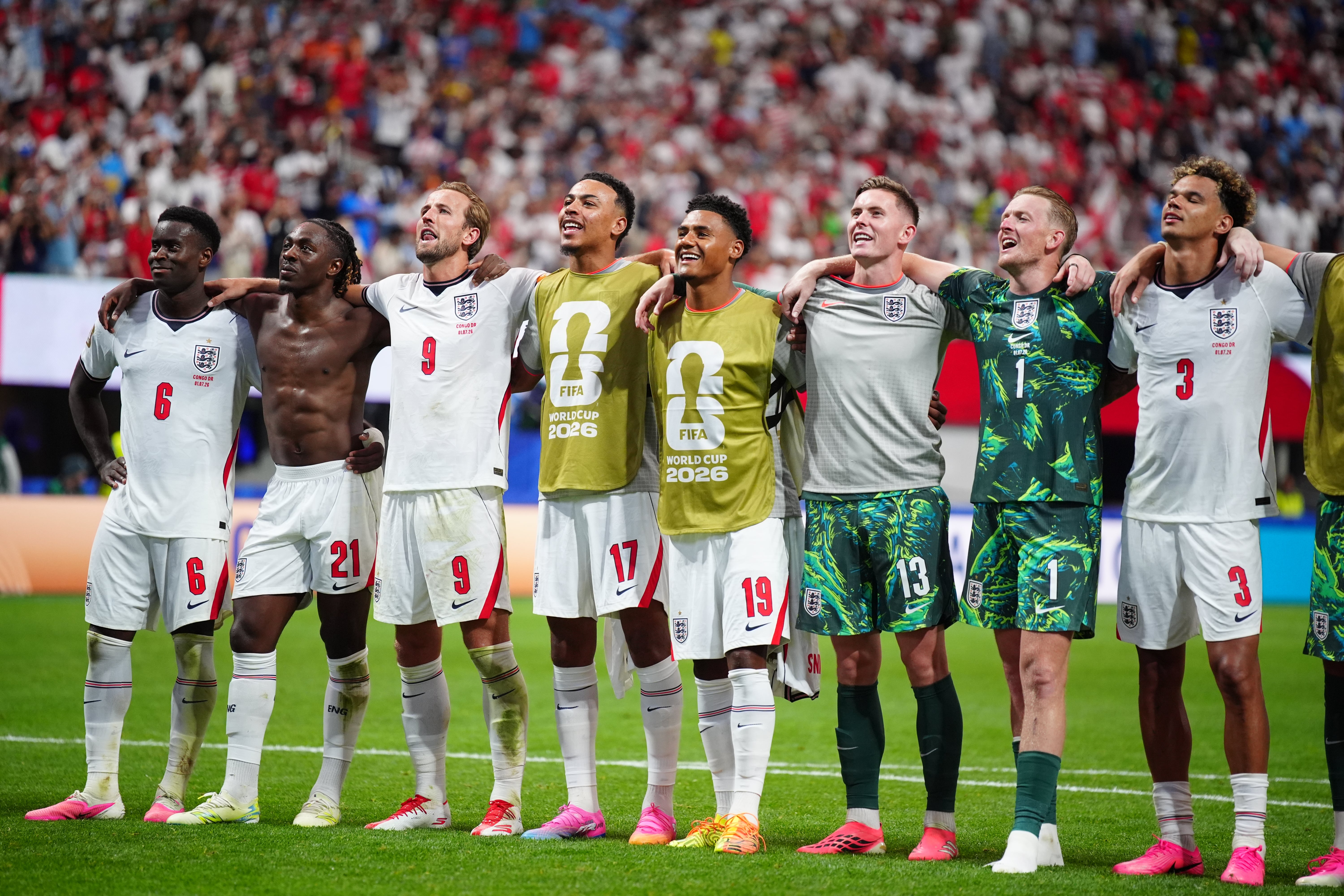 England players celebrate following the FIFA World Cup Round of 32 match at Atlanta Stadium (PA)