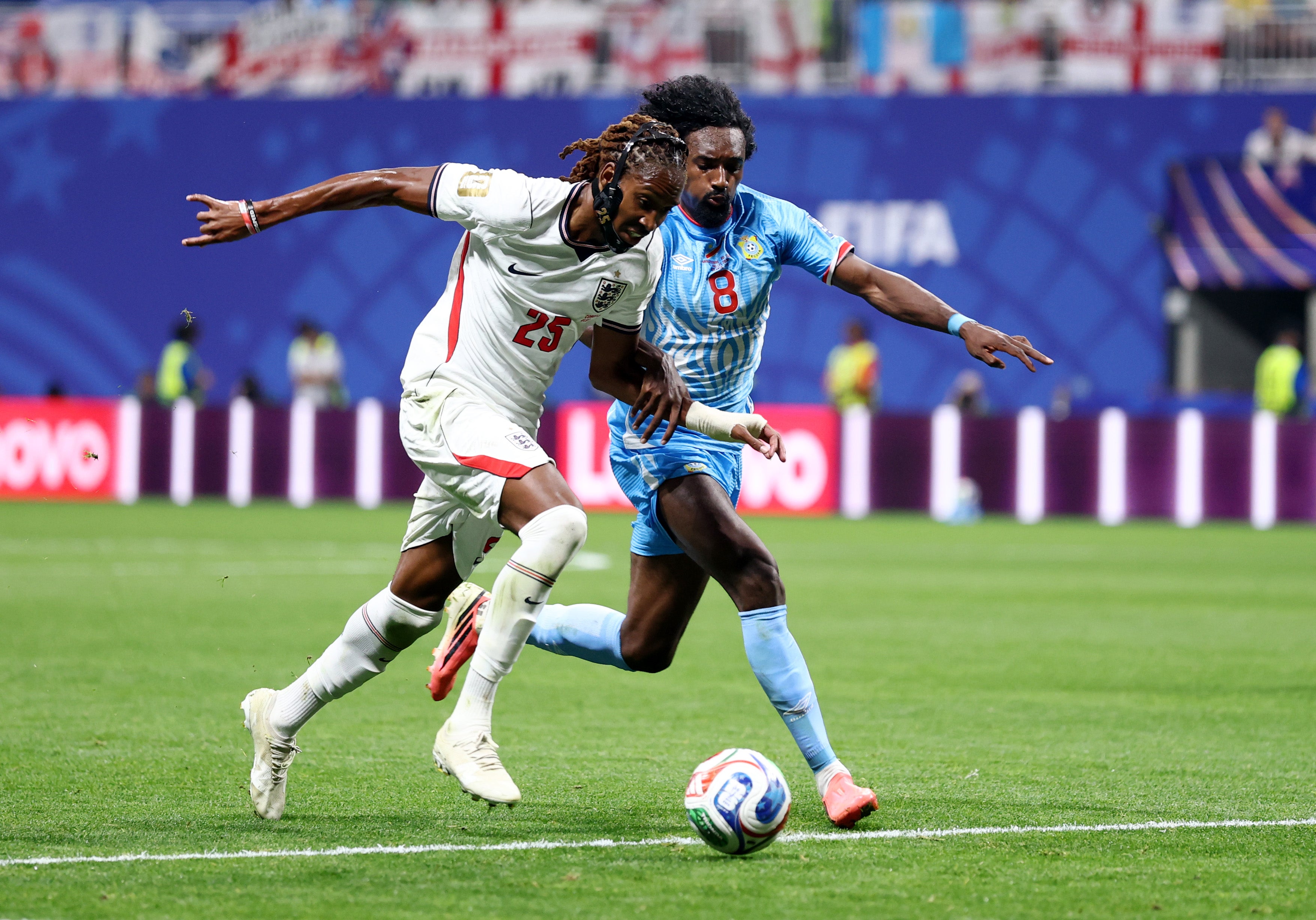 Djed Spence #25 of England controls the ball against Samuel Moutoussamy (Getty)
