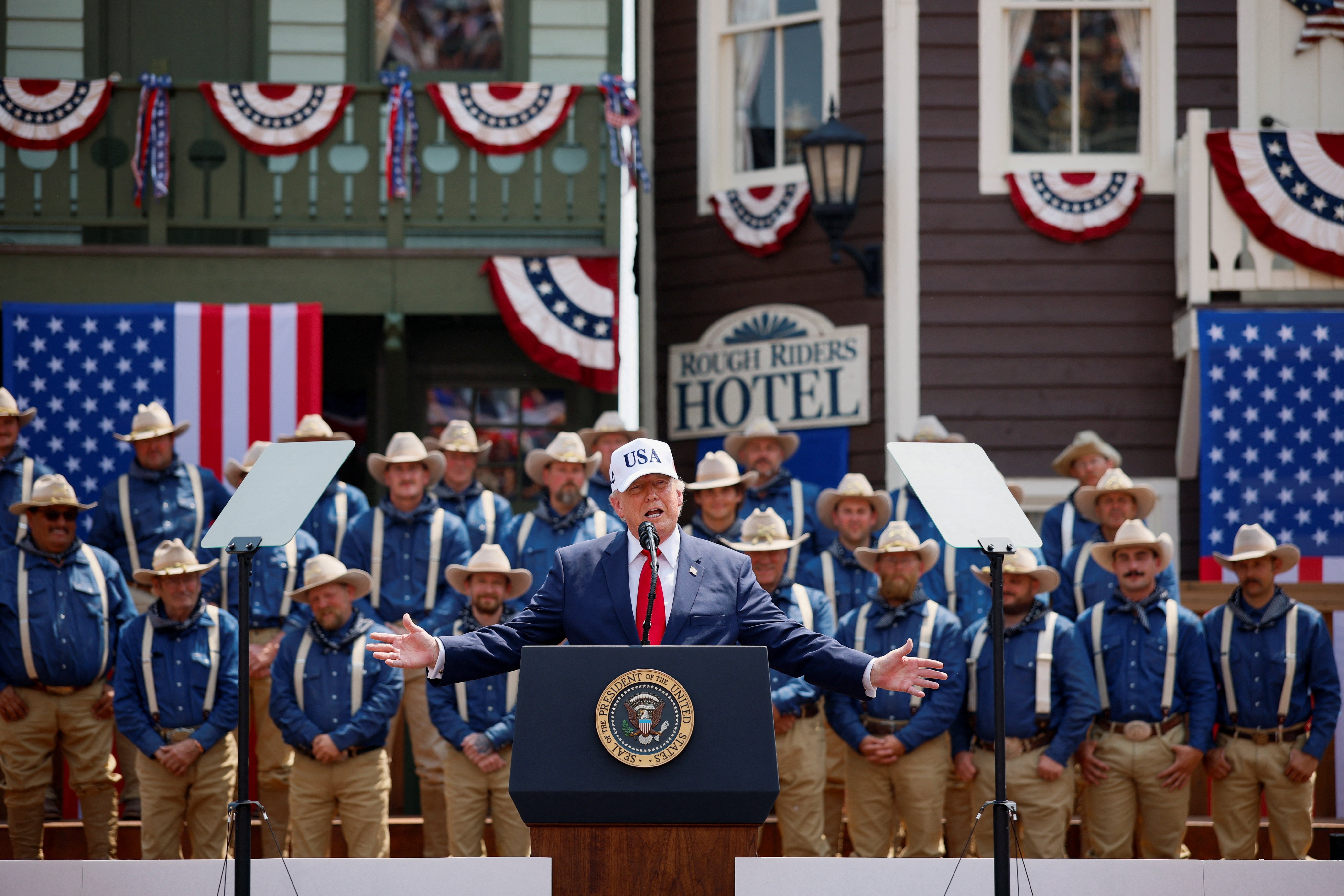 President Donald Trump speaks at Burning Hills Amphitheatre on the day of the dedication of the Theodore Roosevelt Presidential Library in Medora, North Dakota,