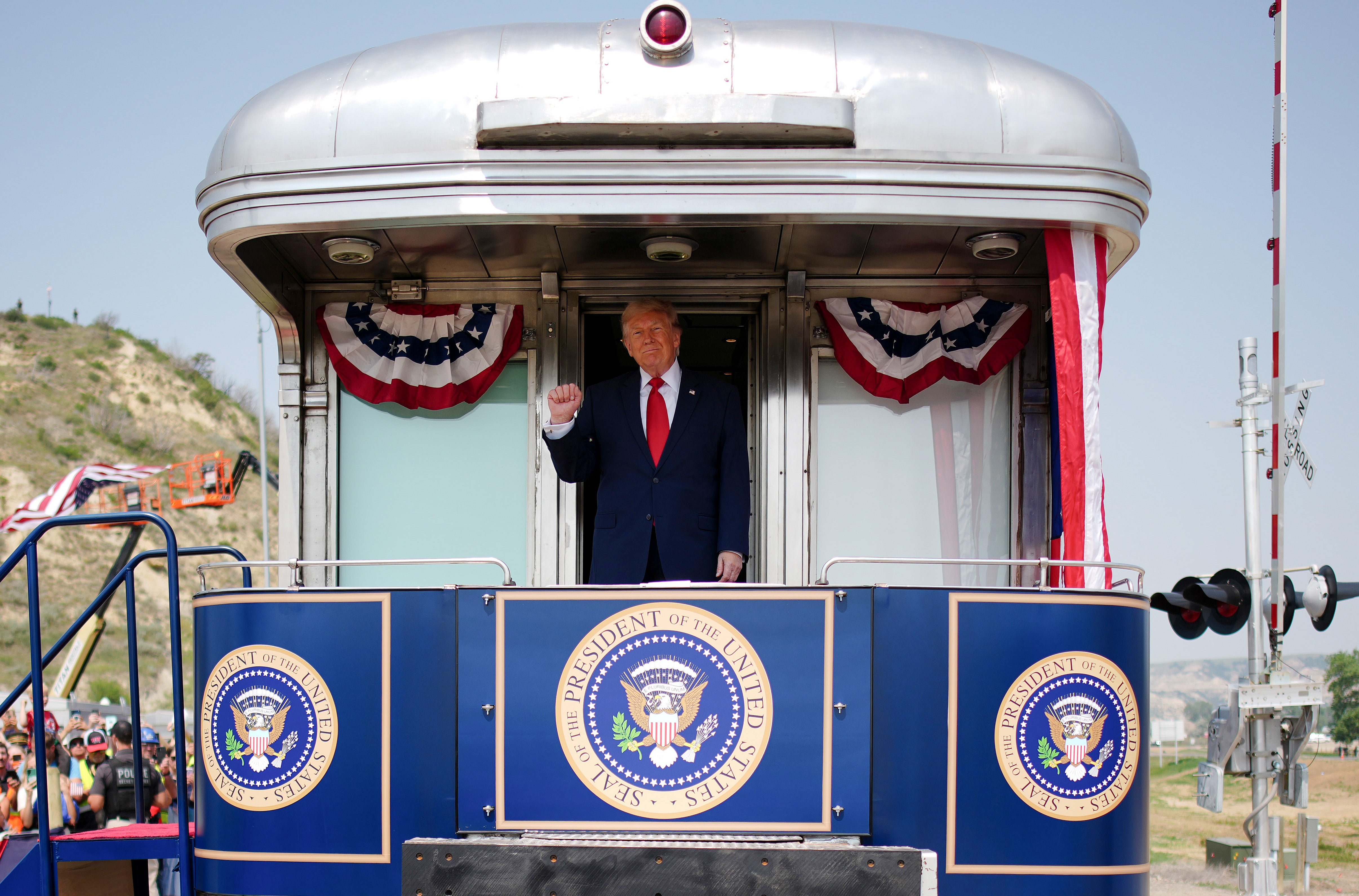 President Donald Trump arrives in a Freedom 250-themed train ahead of a dedication ceremony for the Theodore Roosevelt Presidential Library on July 01, 2026 in Medora, North Dakota. (Getty)