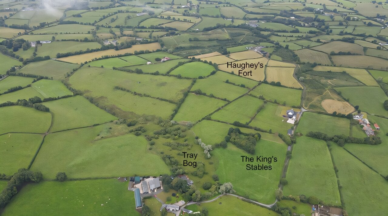 Aerial photograph taken in 2023 of Haughey’s Fort and King’s Stables
