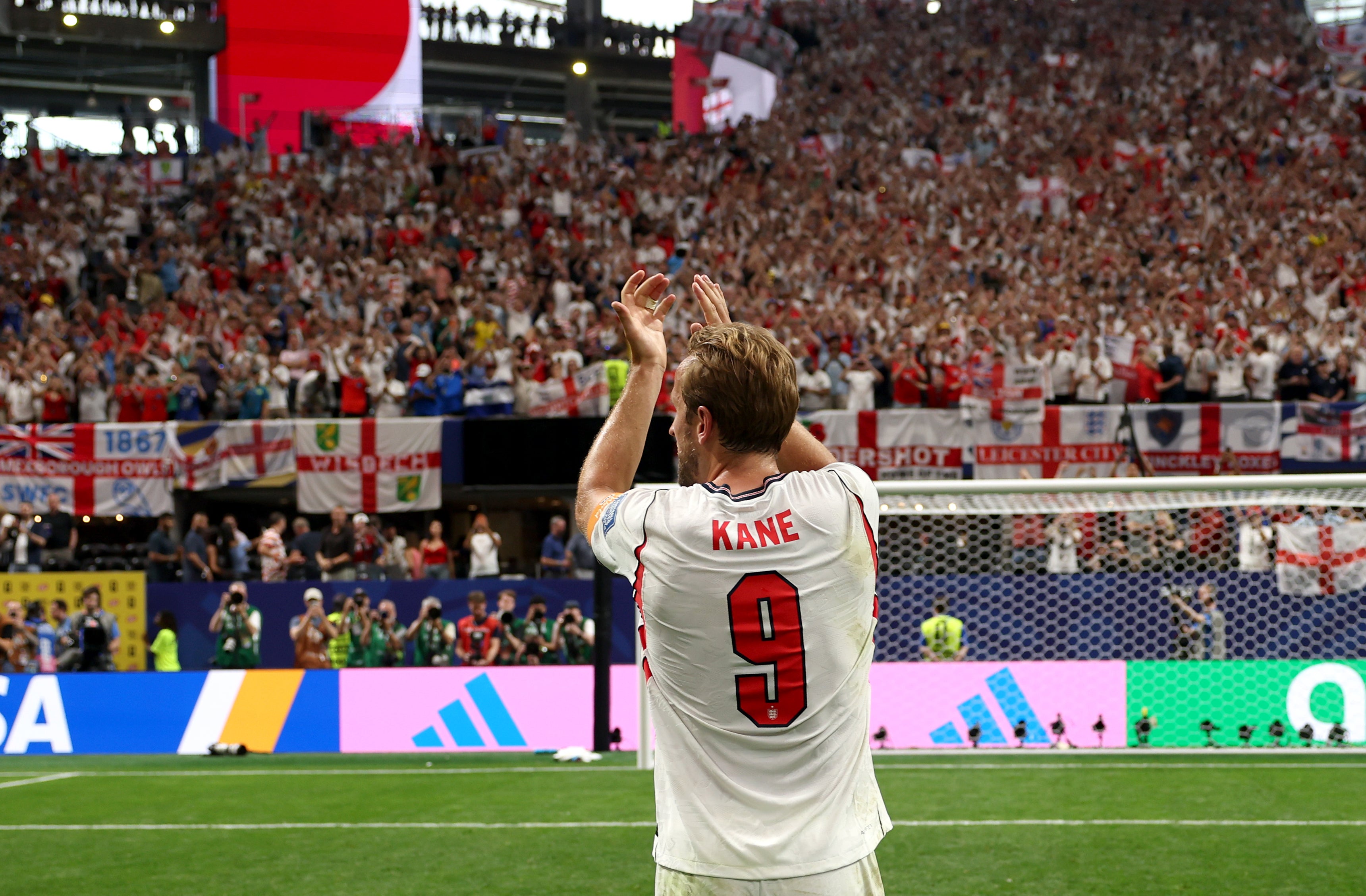 Harry Kane of England celebrates towards the fans in Atlanta