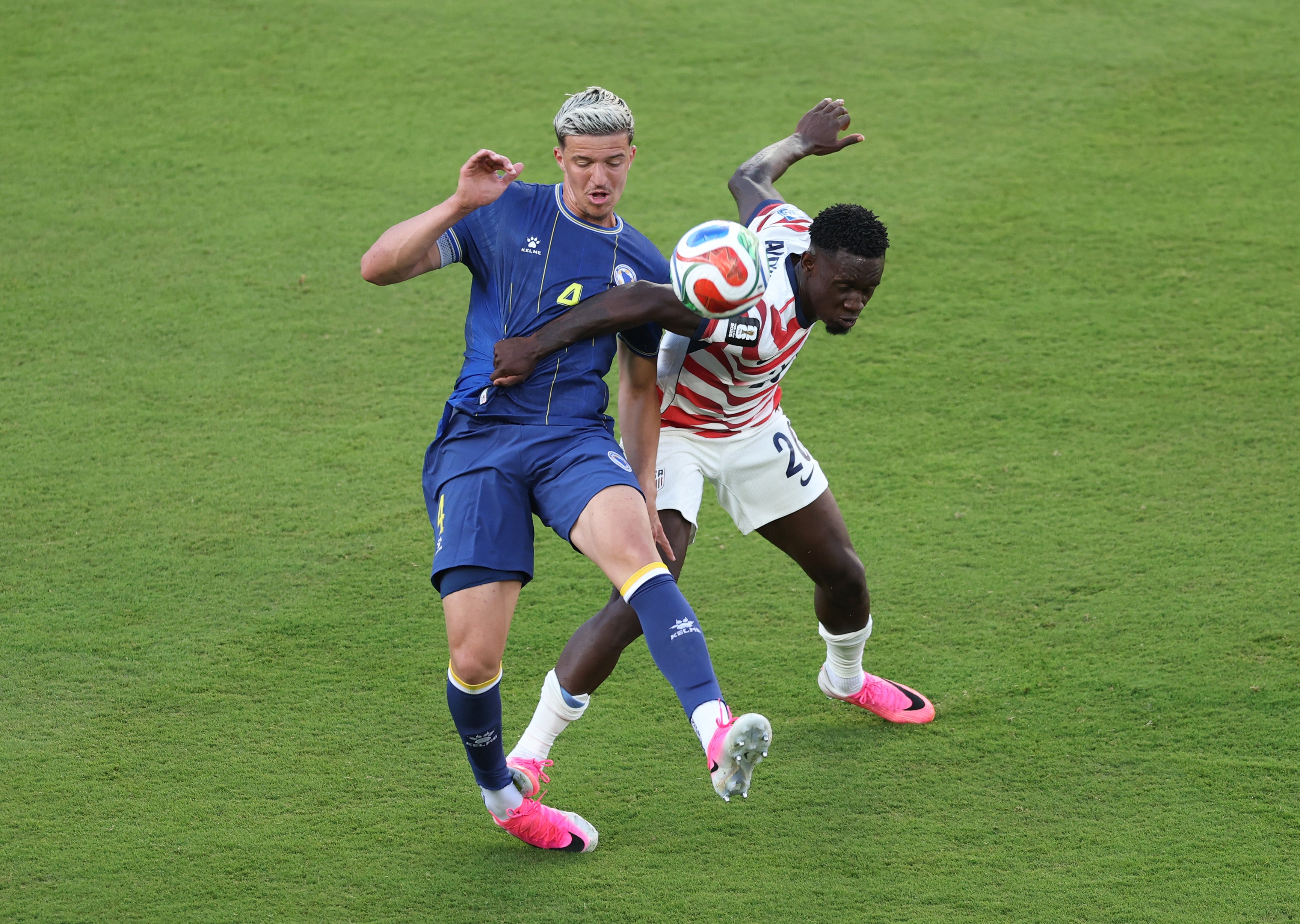 Folarin Balogun was sent-off for this challenge in USA’s win over Bosnia