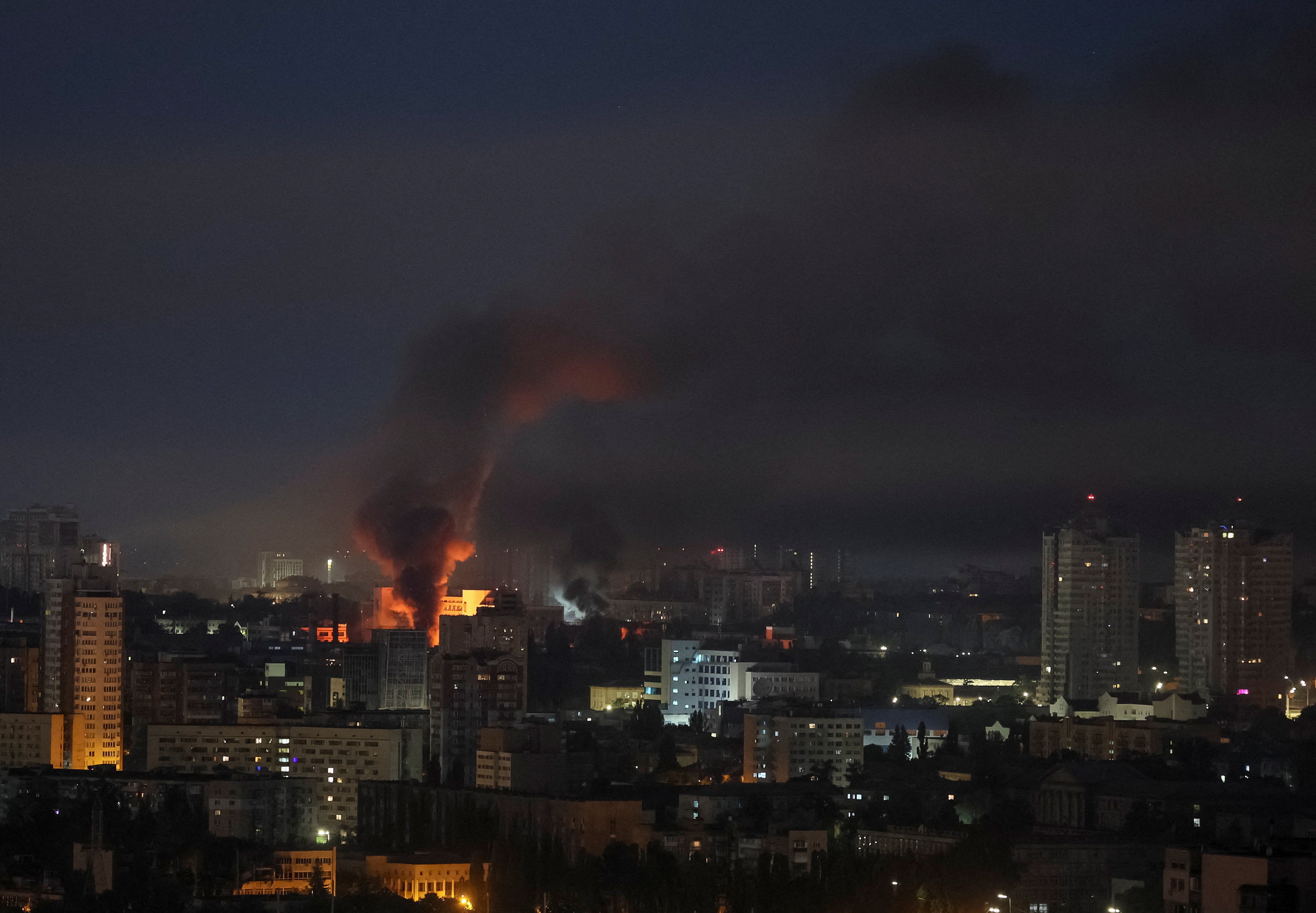 Smoke rises in the city during a Russian missile and drone strike in Kyiv