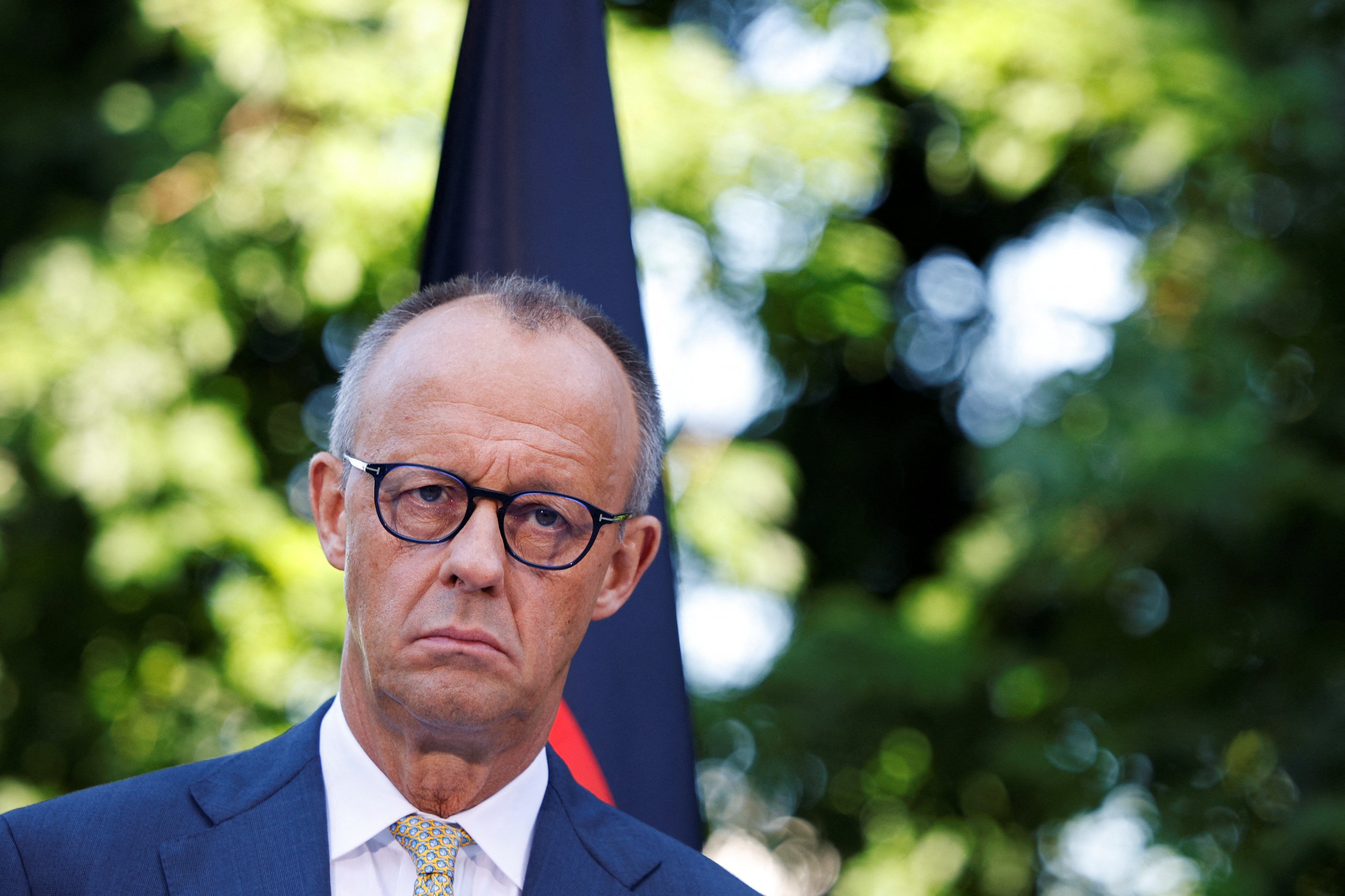 German Chancellor and leader of the Christian Democratic Union (CDU) Friedrich Merz attends a press conference following a government coalition board meeting at the Chancellery.