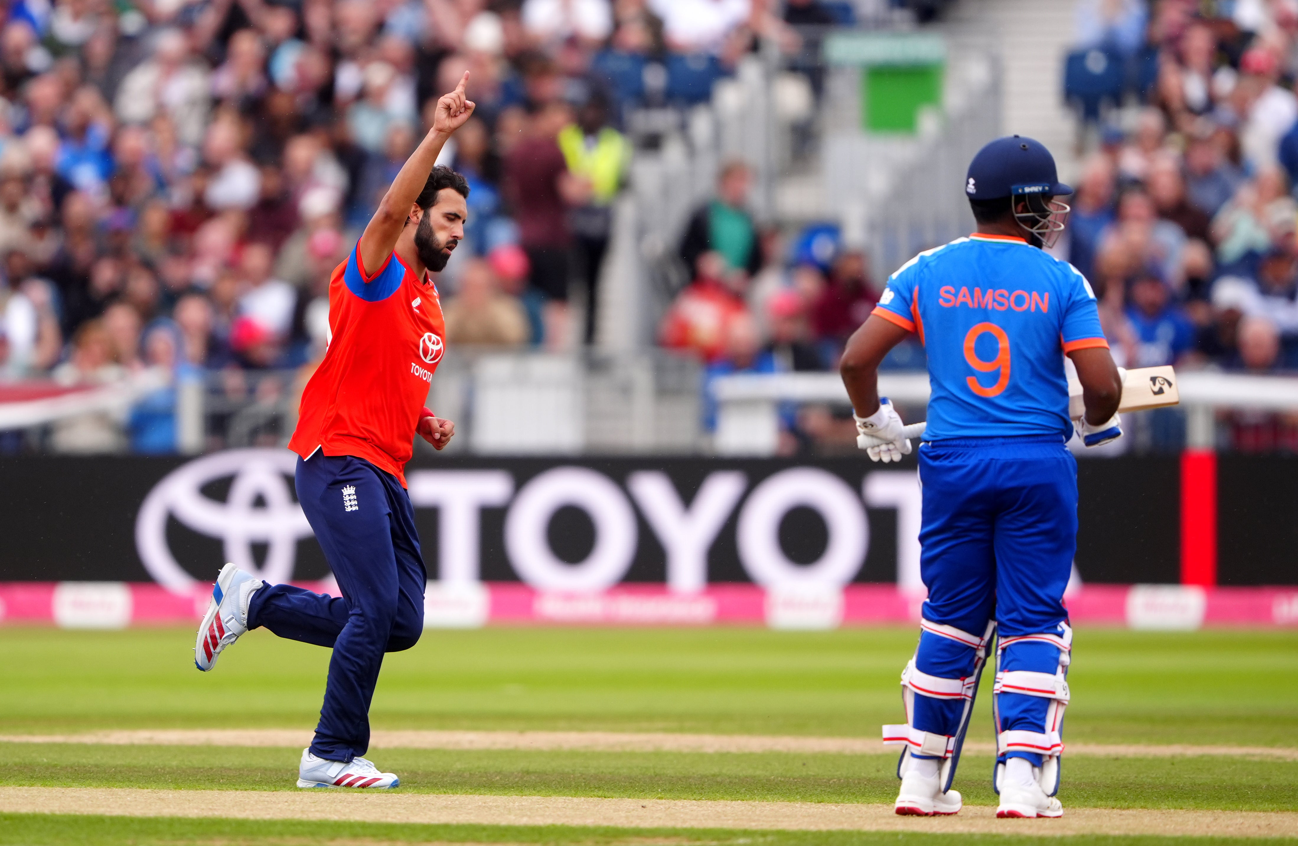 Saqib Mahmood (left) celebrate the wicket of Sanju Samson (Owen Humphreys/PA) (PA Wire)