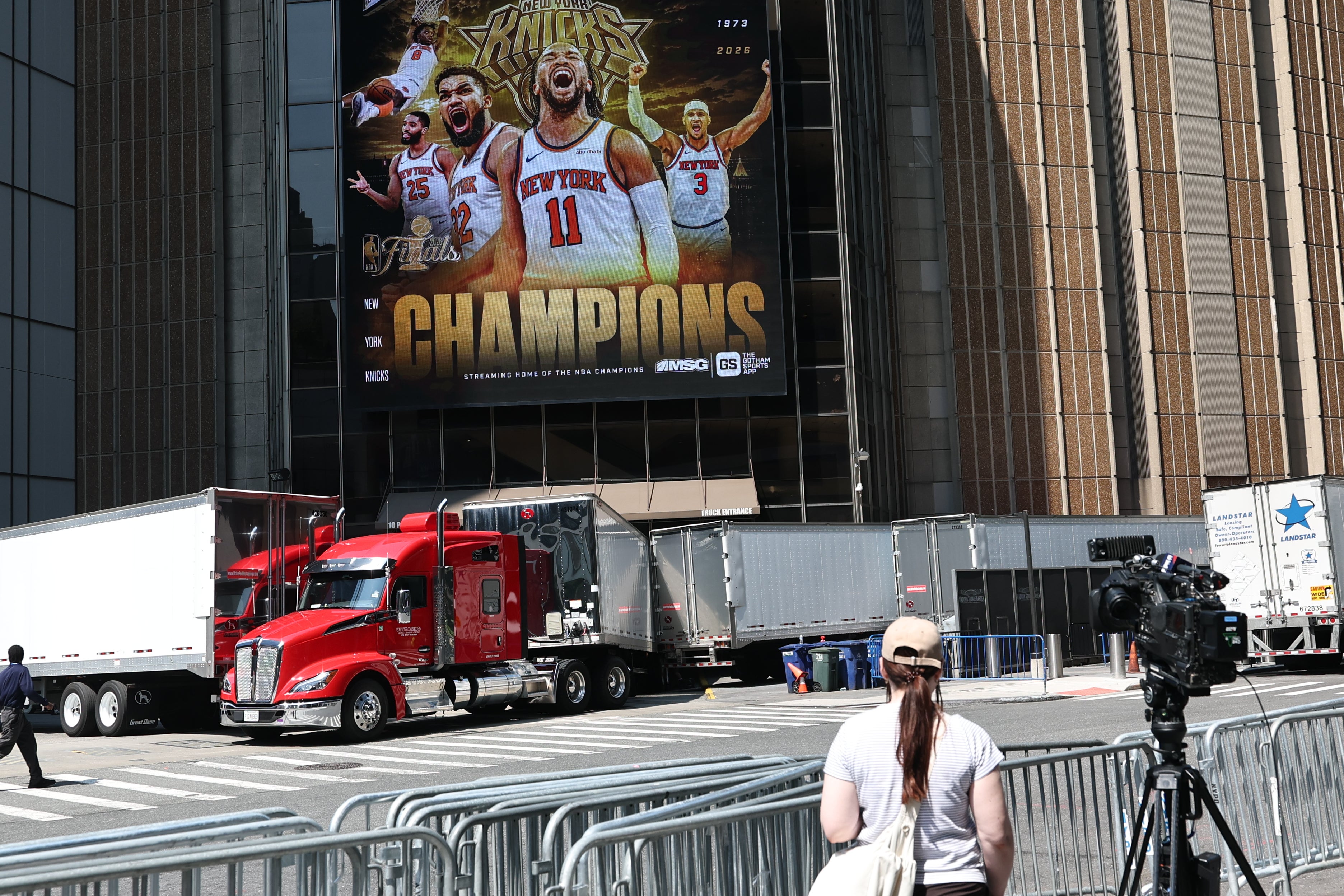 Trucks seen loading supplies for the massive 1,000-guest wedding at Madison Square Garden for Taylor Swift and Travis Kelce this weekend as Manhattan preps to descend into wedding mania (Getty)