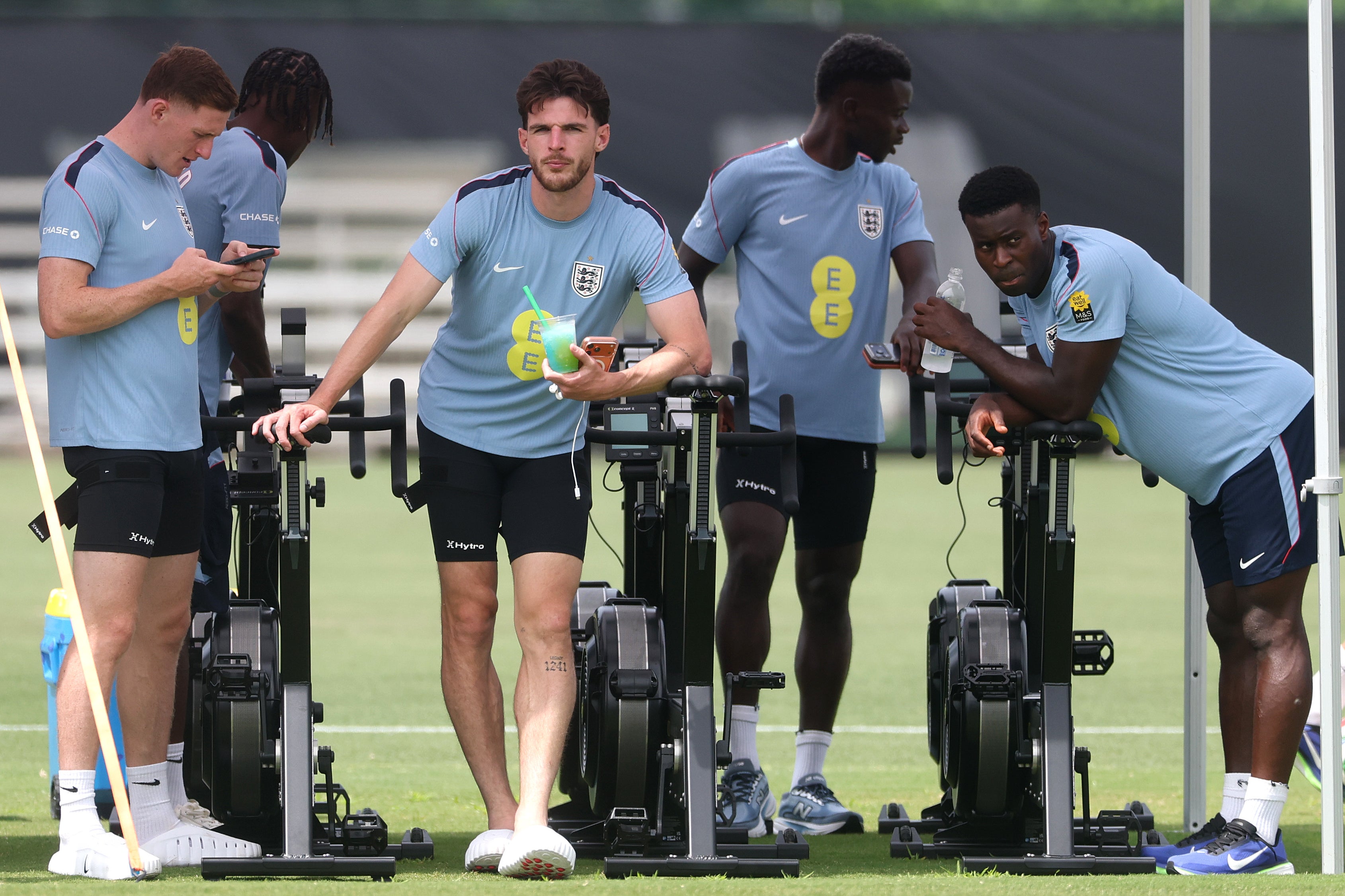 Declan Rice (third from left) and Marc Guehi (far right) are doubts for the quarter-final (Getty)